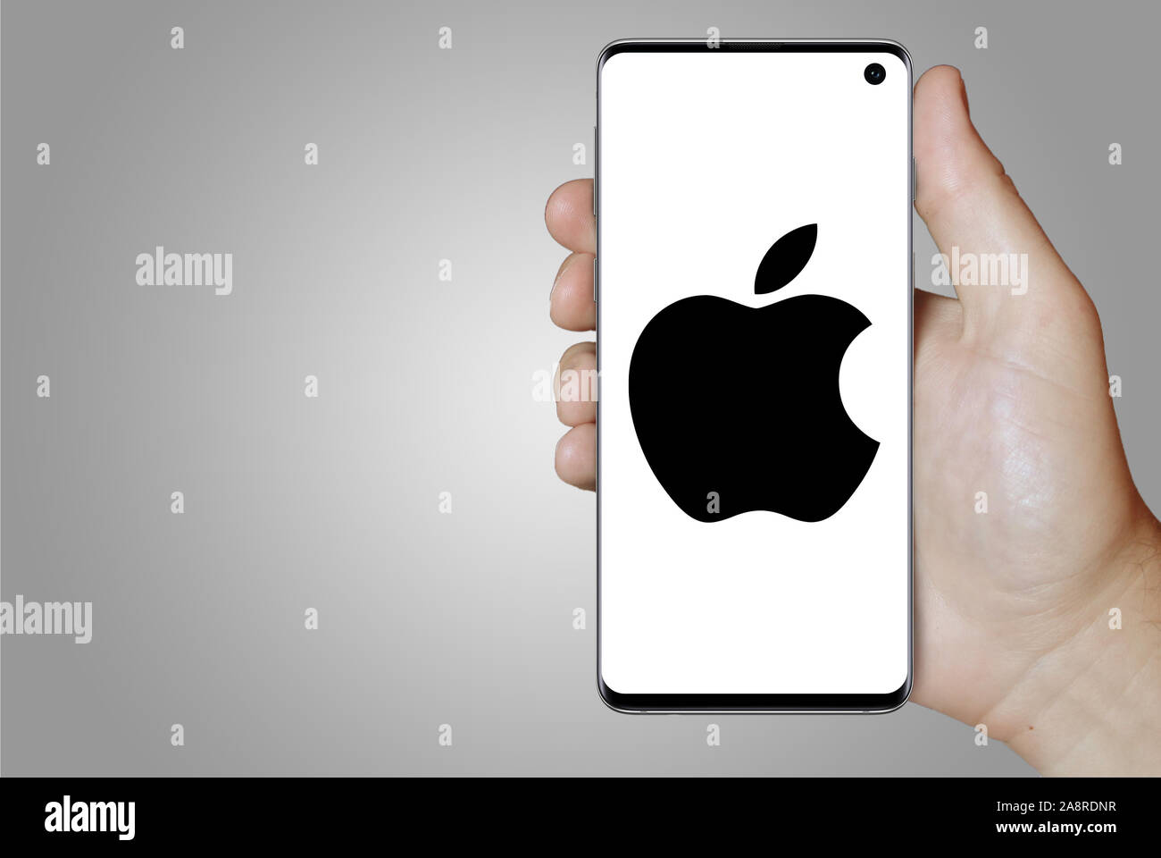 Logo der Firma Apple Inc. auf dem Smartphone angezeigt. Grauer Hintergrund. Credit: PIXDUCE Stockfoto