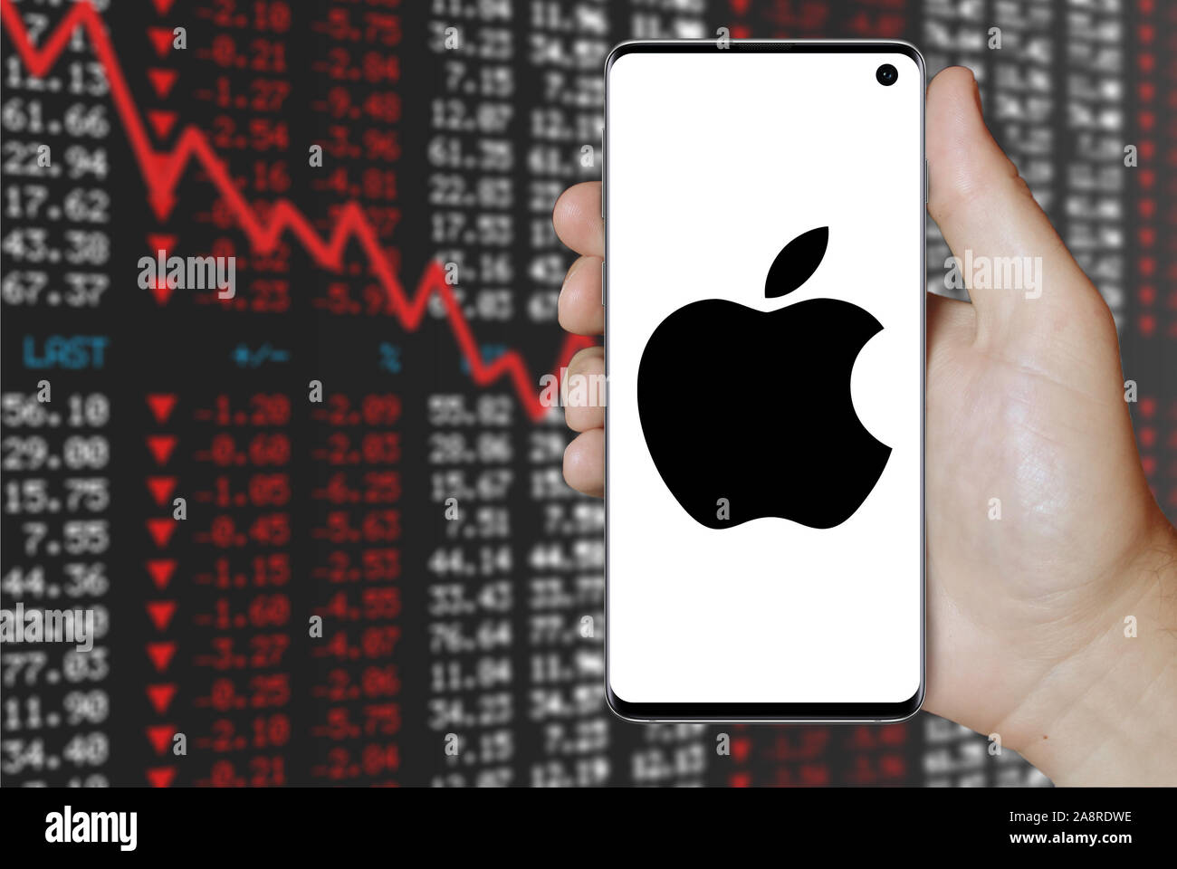 Logo der Firma Apple Inc. auf dem Smartphone angezeigt. Negative Börse Hintergrund. Credit: PIXDUCE Stockfoto