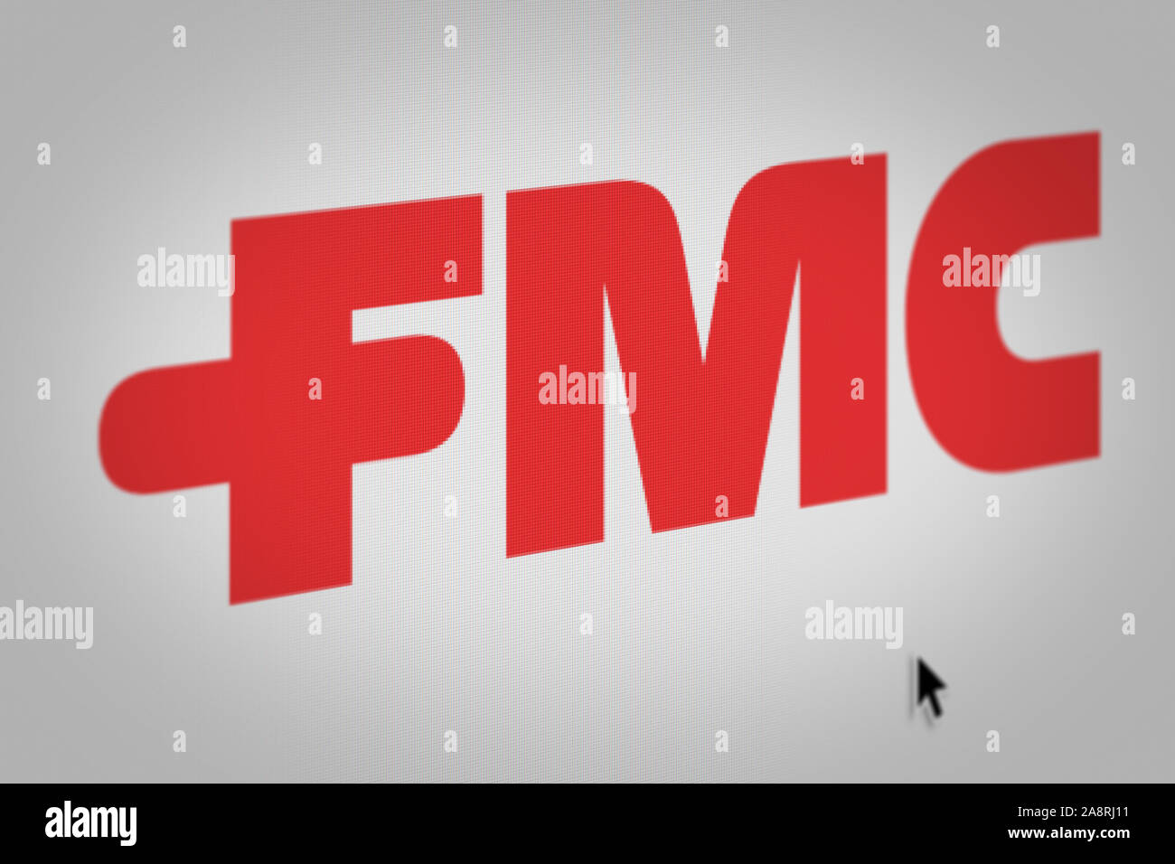 Logo der öffentlichen Unternehmen FMC Corporation auf einem Bildschirm in der Nähe angezeigt. Credit: PIXDUCE Stockfoto