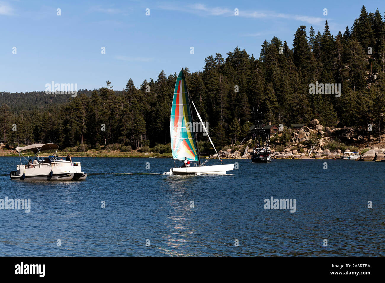 Ponton Motorboot und Katamaran Segelboot auf Big Bear Lake Südkalifornien mit blauem Himmel und Bäume Stockfoto