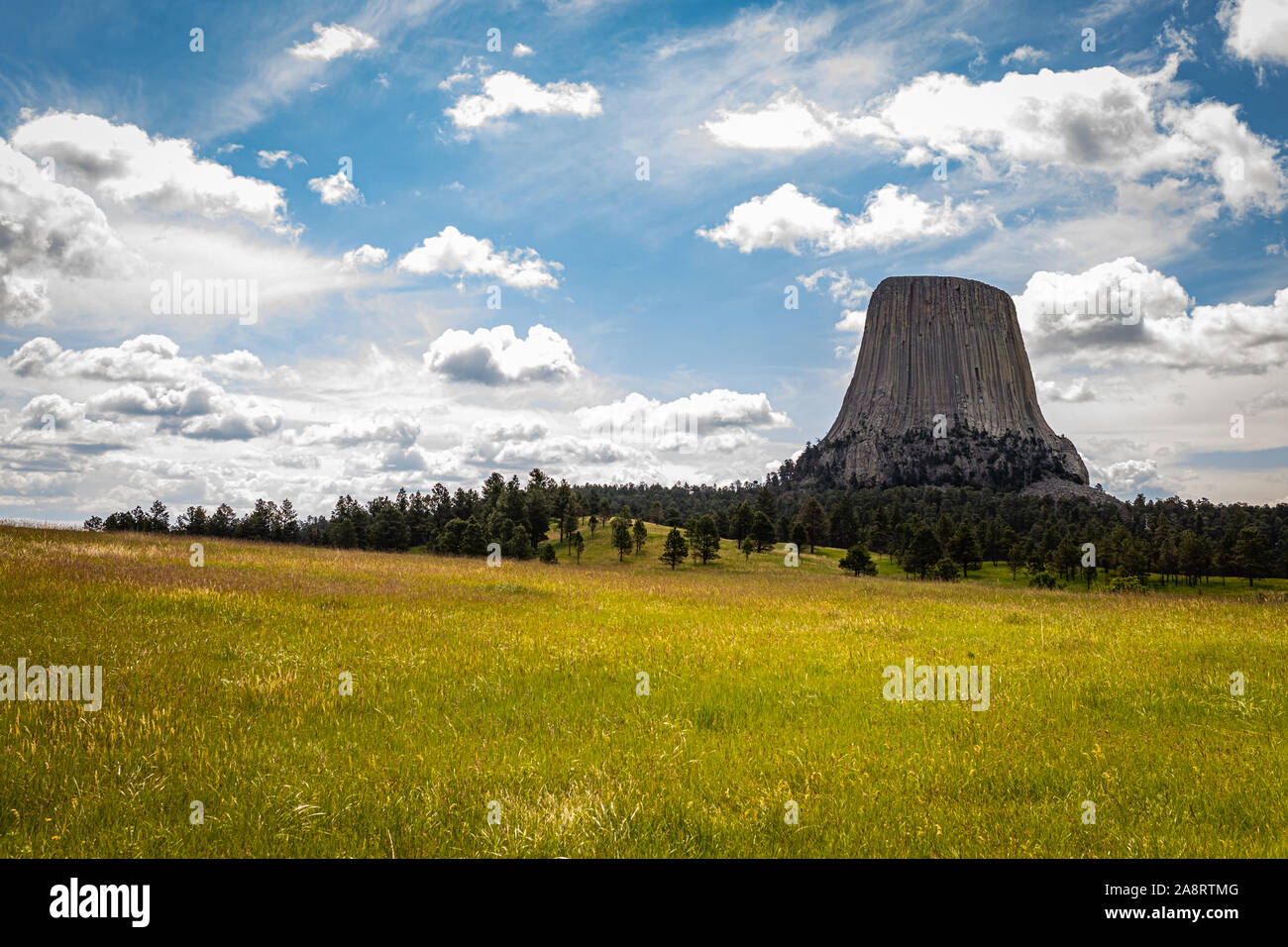 Ein Panoramablick von Devil's Tower National Monument in der Nähe von Hulett, Wyoming von Joyner Ridge Trailhead. Stockfoto