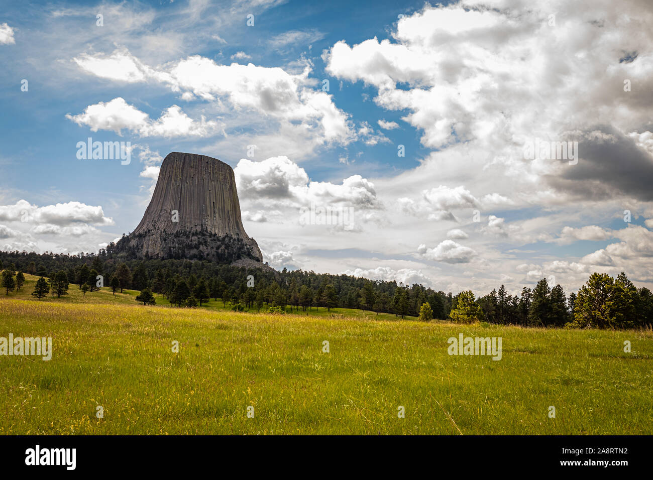 Ein Panoramablick von Devil's Tower National Monument in der Nähe von Hulett, Wyoming von Joyner Ridge Trailhead. Stockfoto