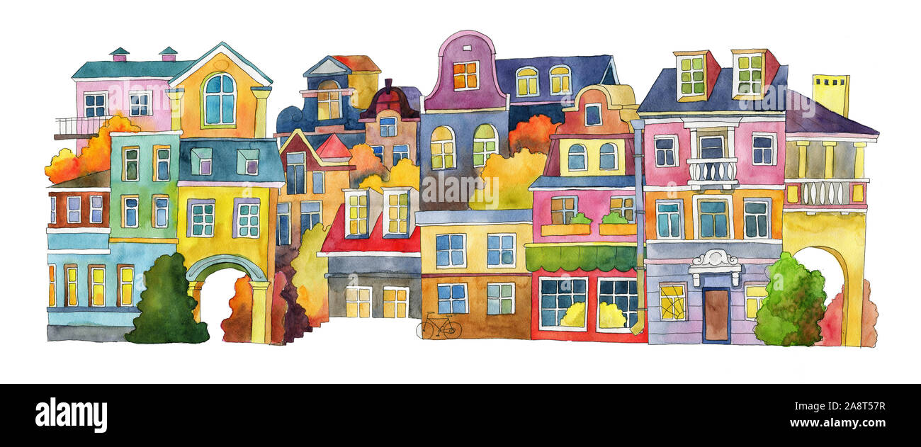Satz von Aquarell Häuser auf weißem Hintergrund. Kinder- Abbildung. Nahtlose Hintergrund, niedliche bunte Home. Stockfoto