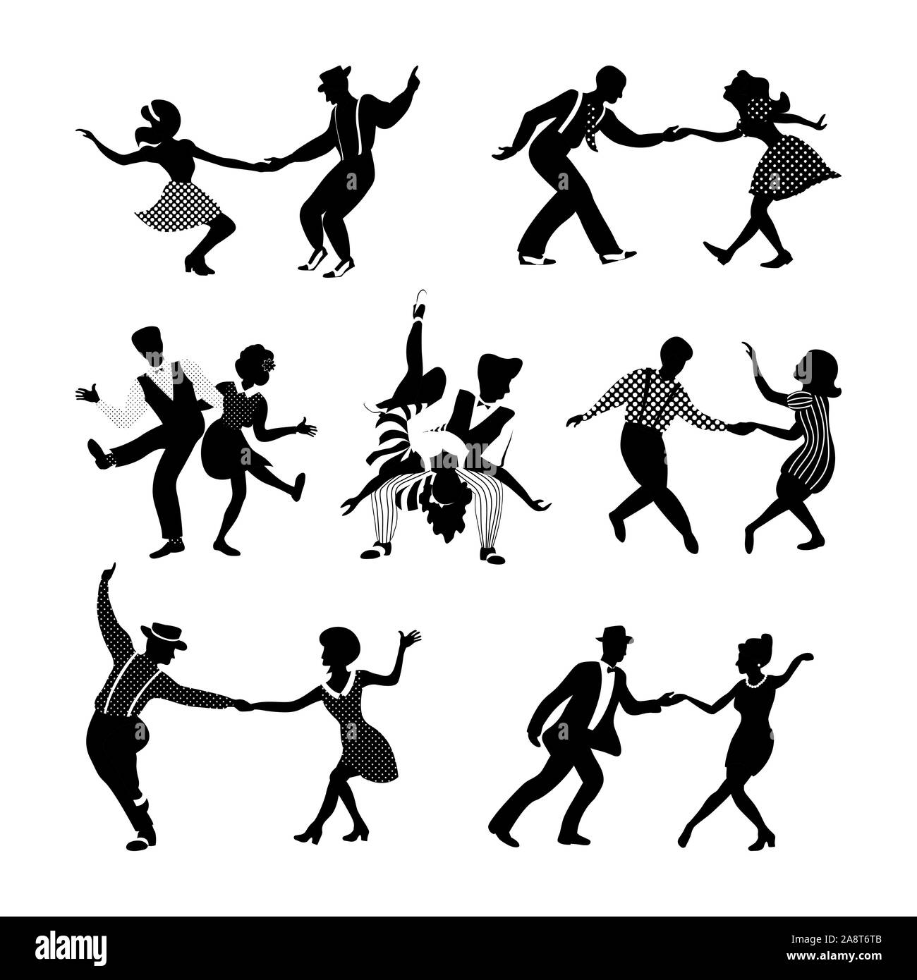 Rock'n Roll und Jazz tanzende Paare. Swing tanzen Silhouetten. Menschen in  den 40er und 50er Jahre Stil. Retro schwarz und weiß Vector Illustration  Stock-Vektorgrafik - Alamy