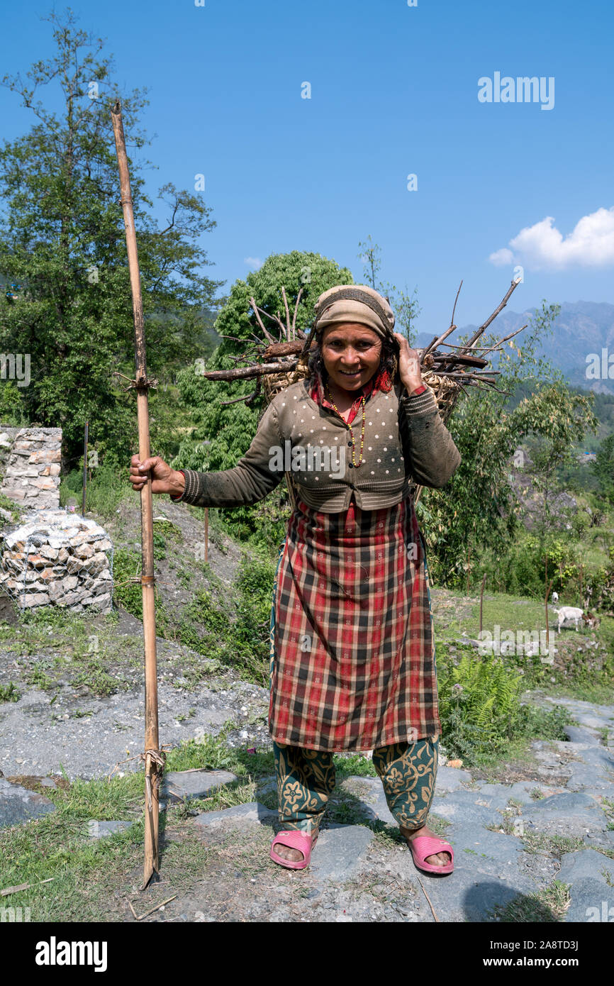 Nepali Frau mit Gestrüpp. Ghara, Annapurna Conservation Area, Nepal Stockfoto