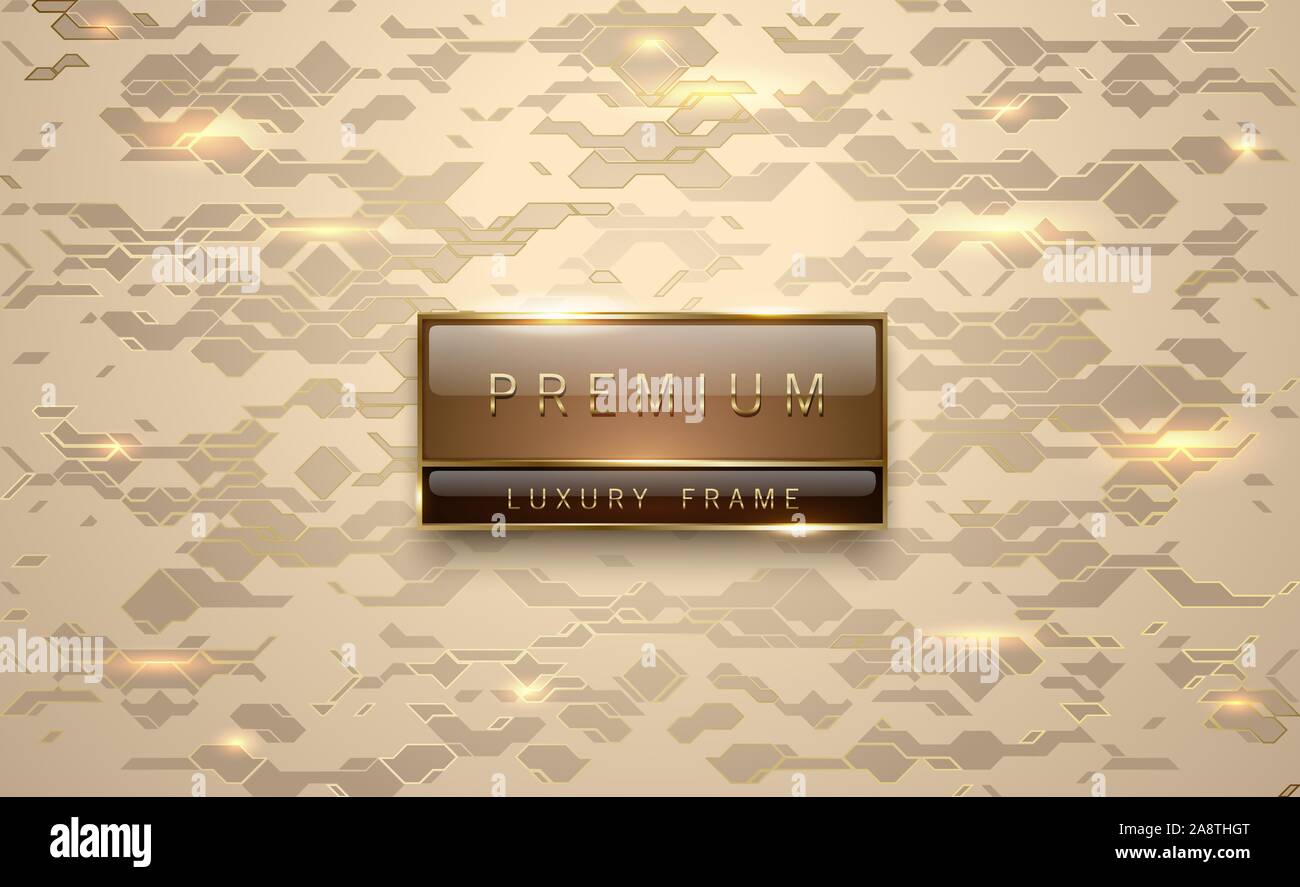 Premium Brown Label mit goldenen Rahmen auf Metallic gold geometrischen Hintergrund goldene Linien. Vip Luxury logo Vorlage. Vector Illustration. Stock Vektor