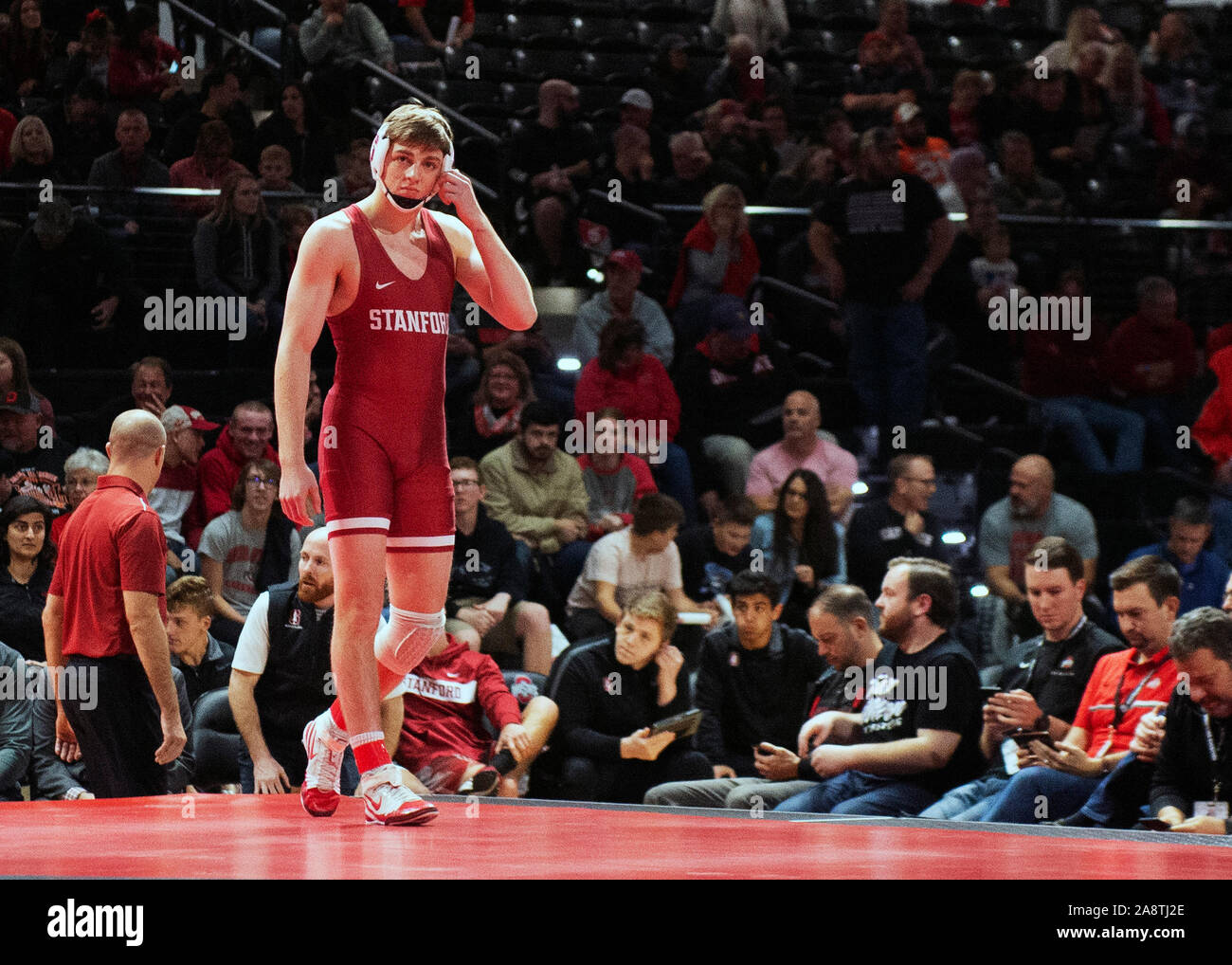 November 10, 2019: Stanford Kardinäle Nick Addison (rot) vor dem wrestling Ohio State Buckeyes Zach Steiner in ihrem Spiel bei 184 lbs am Covelli Center in Columbus, Ohio. Stockfoto