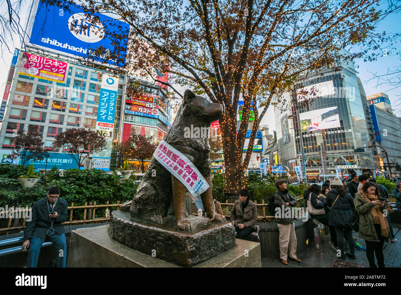 Hachiko Denkmal, Blick auf die Bronzestatue von hachiko am Bahnhof