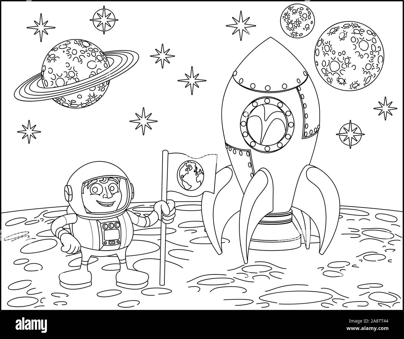 Rocket Astronaut und Planeten Raum Cartoon Szene Stock Vektor