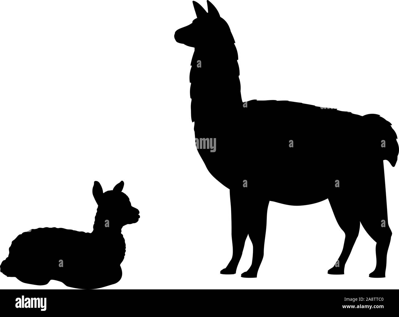 Silhouette von Lama Alpaka und jungen kleinen Lama Alpaka. Vektor Illustrator Stock Vektor