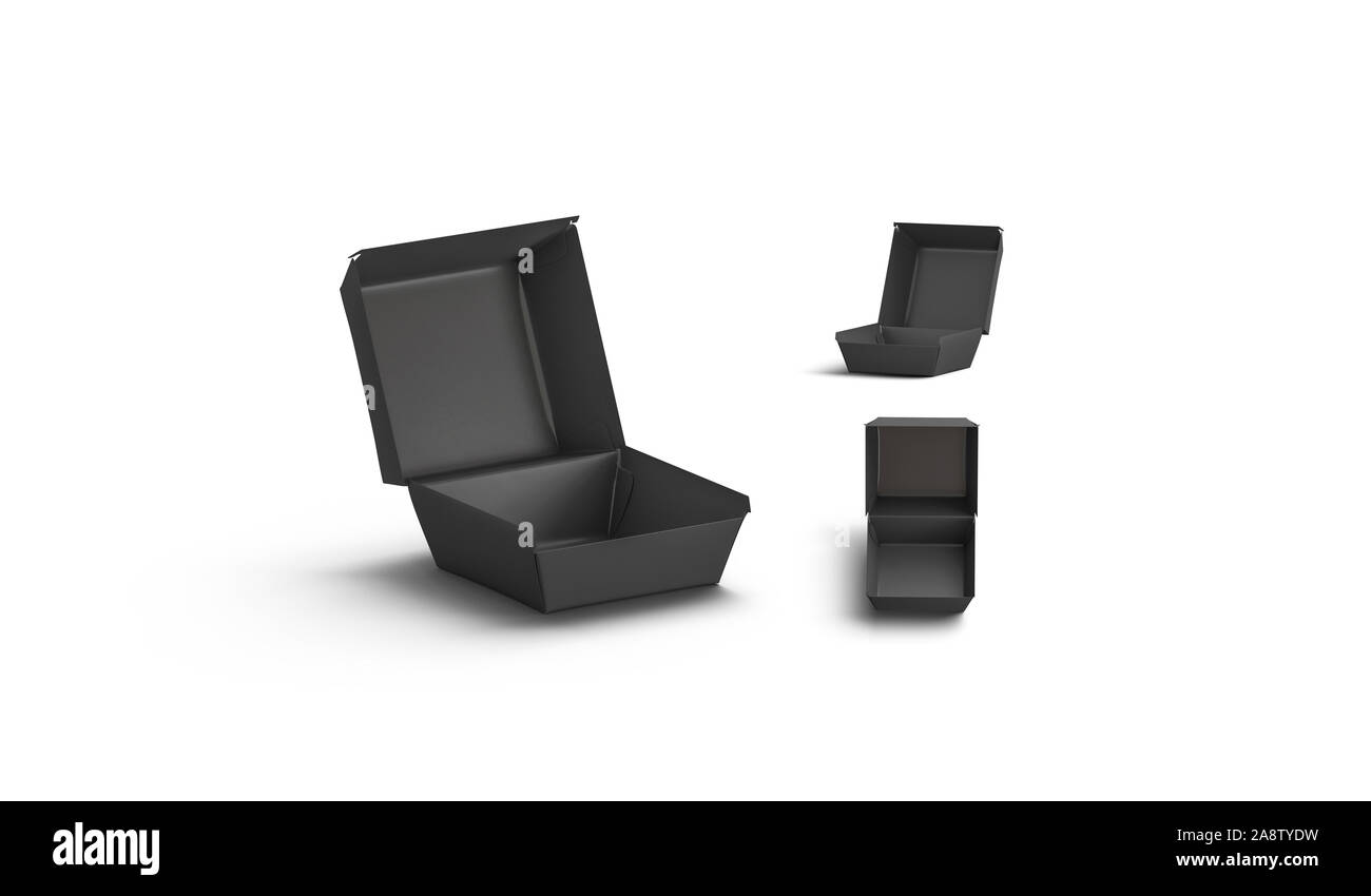Blank geöffnete schwarze Burger-Box Mockup, verschiedene Seiten Stockfoto
