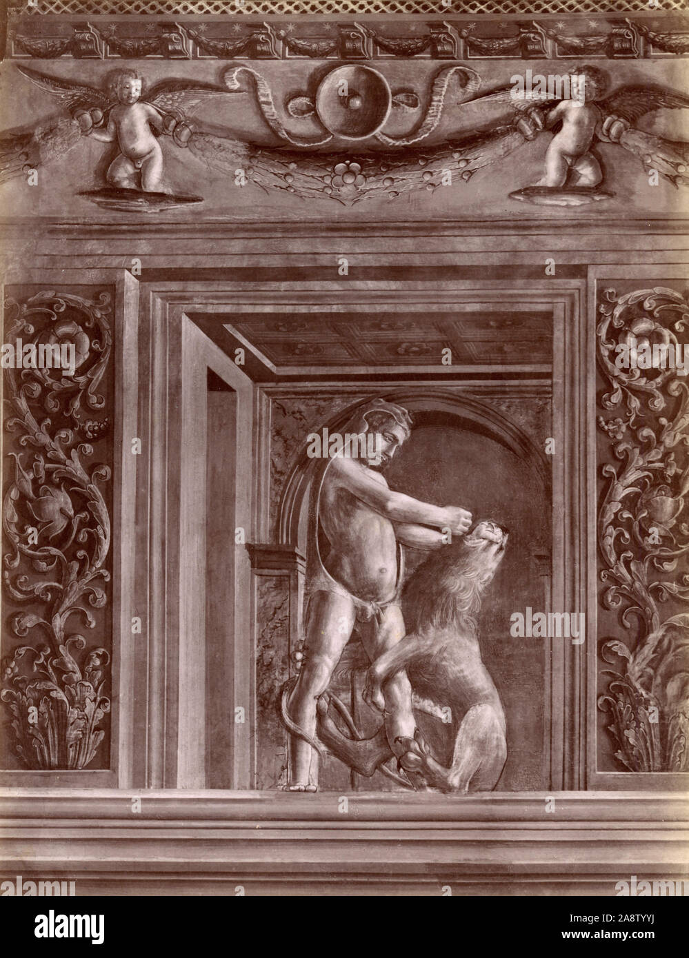 Hercules und der Löwe von Nemea, Fresko, italienische Künstler Pollaiuolo, Palazzo Venezia, Rom, Italien 1880 zurückzuführen Stockfoto