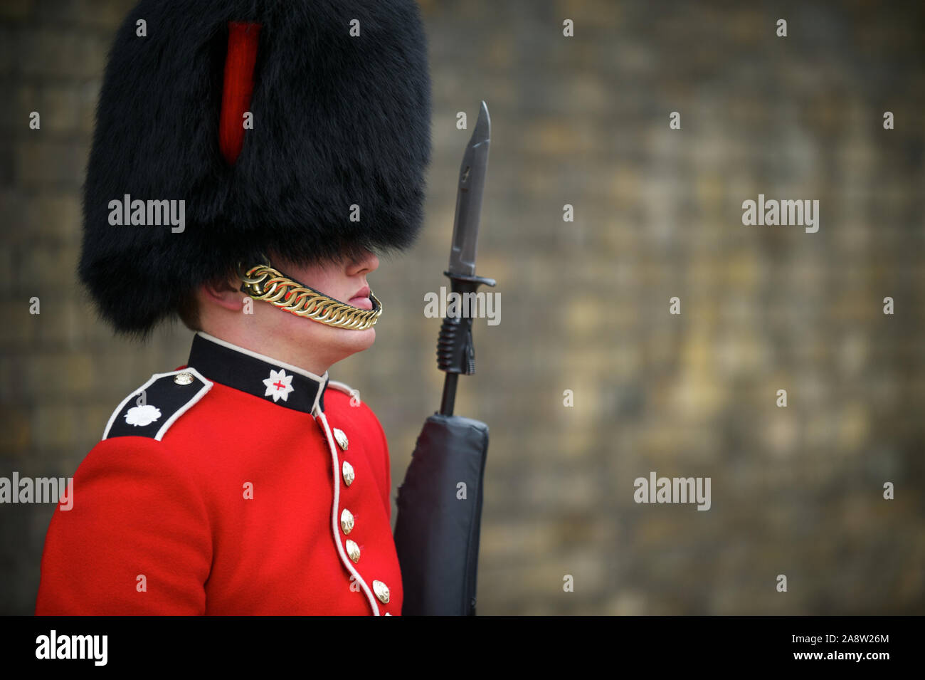 London - 6. MAI 2012: Eine königliche Garde steht in traditioneller roter Jacke und busby Hut, die mit Pelz aus dem kanadischen Braunbären hergestellt wird Stockfoto