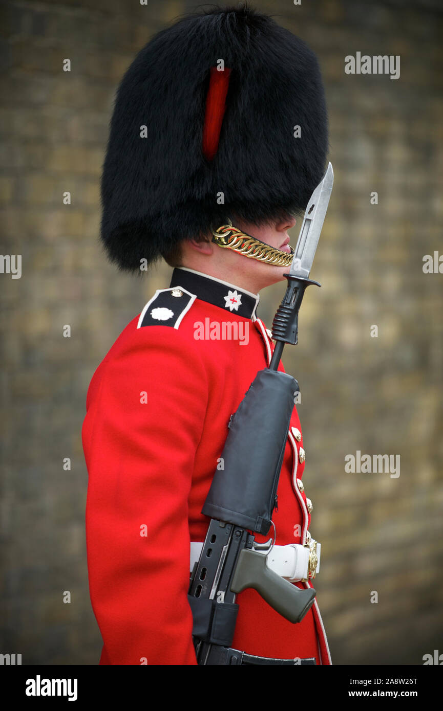 London - 6. MAI 2012: Eine königliche Garde steht in traditioneller roter Jacke und busby Hut, die mit Pelz aus dem kanadischen Braunbären hergestellt wird Stockfoto