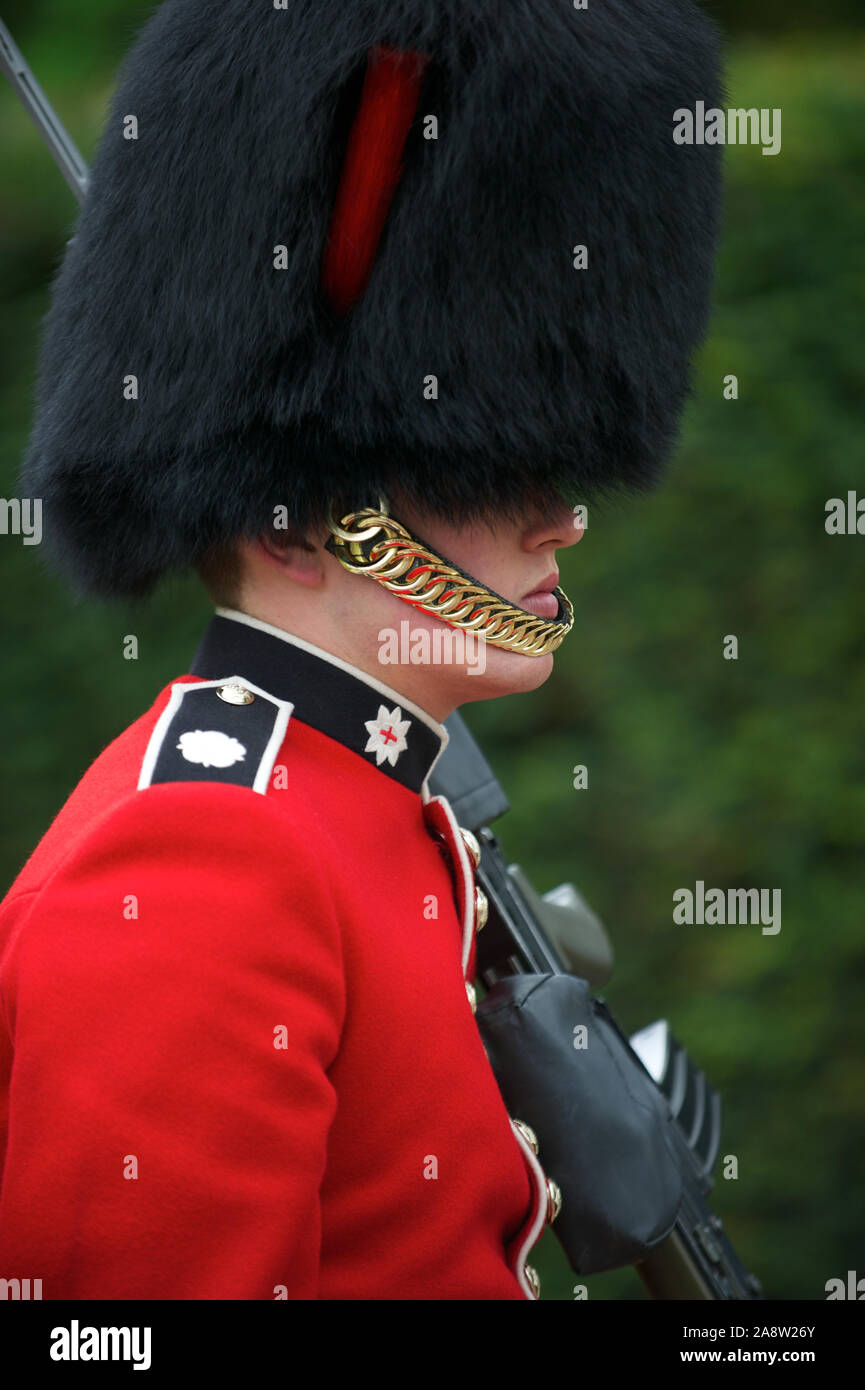 London - 6. MAI 2012: Eine königliche Garde steht in traditioneller roter Jacke und busby Hut, die mit Pelz aus dem kanadischen Braunbären hergestellt wird Stockfoto