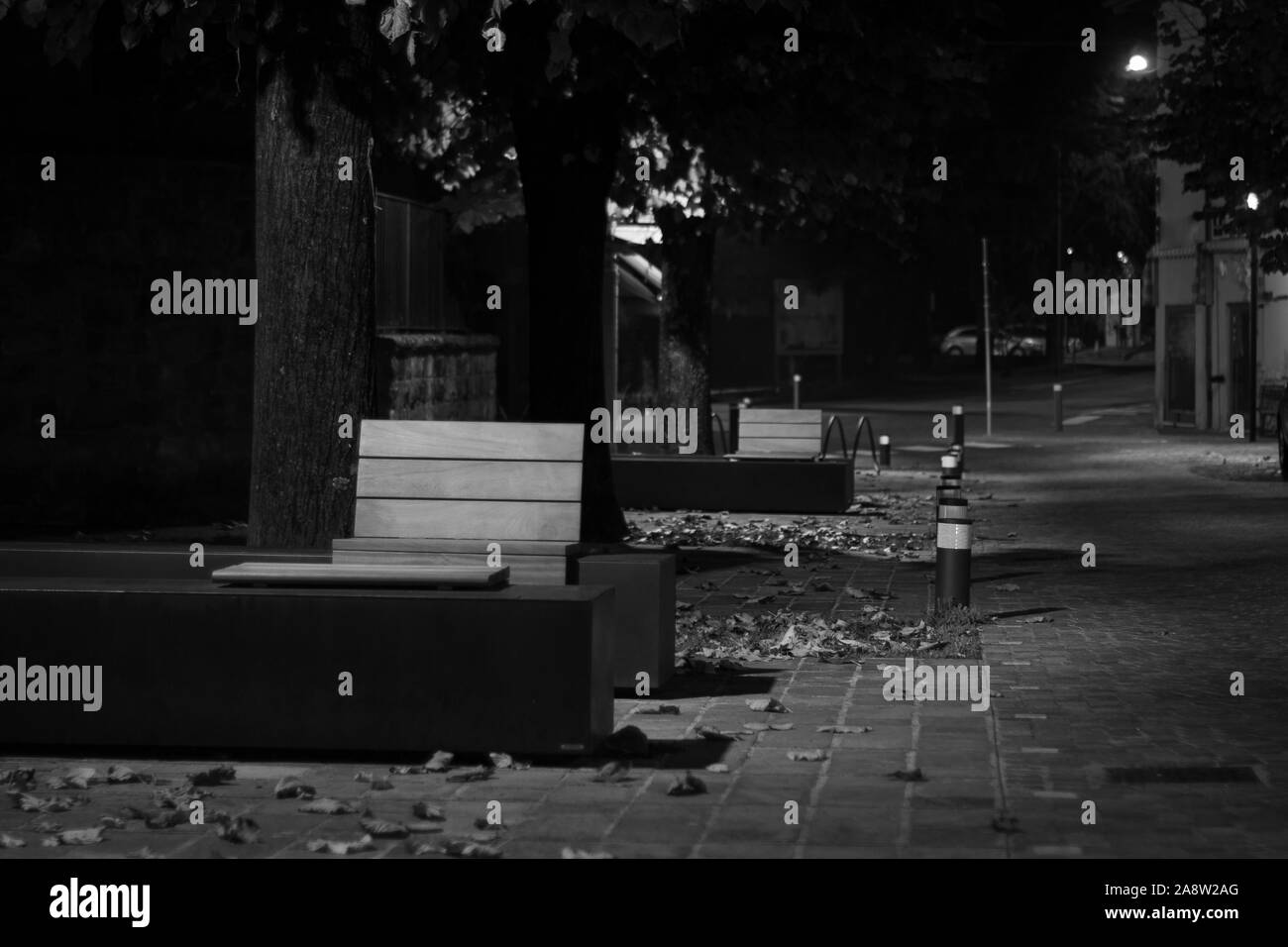 Nacht Blick in eine Stadt, in Schwarz und Weiß, im Herbst Saison Stockfoto
