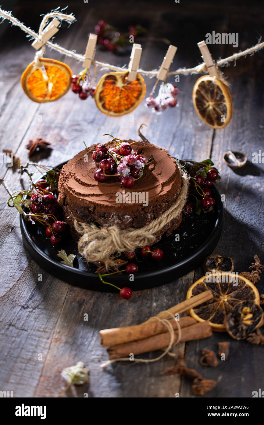 Weihnachten Schokolade Kuchen süßes und Fettarm essen. getrocknete orange Stockfoto