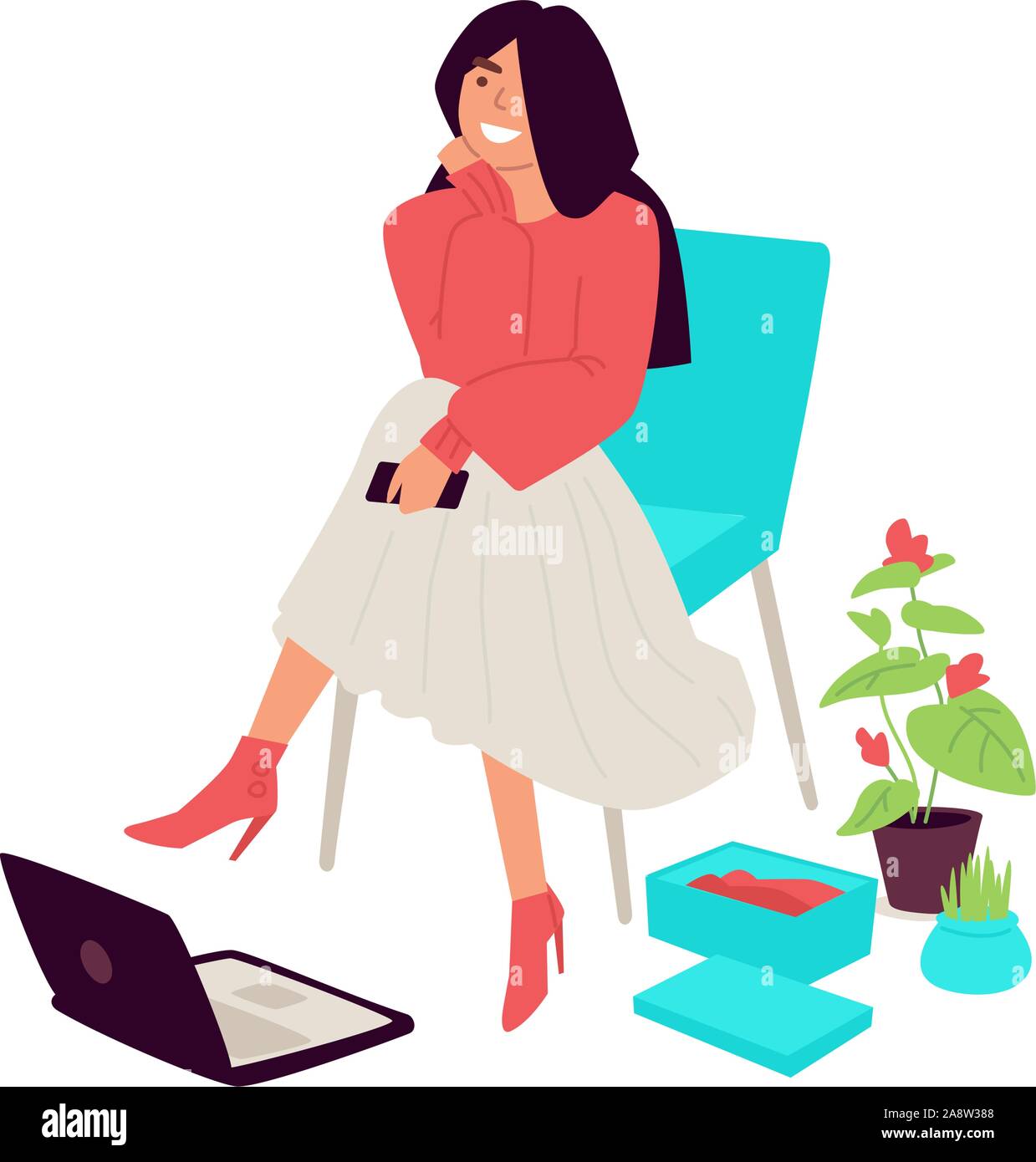 Abbildung: Ein nettes Mädchen in einem Stuhl sitzen. Vektor. Weibliche Shopper, Shopaholic macht den Einkauf im Internet. Modische Casual Mädchen. Flache styl Stock Vektor