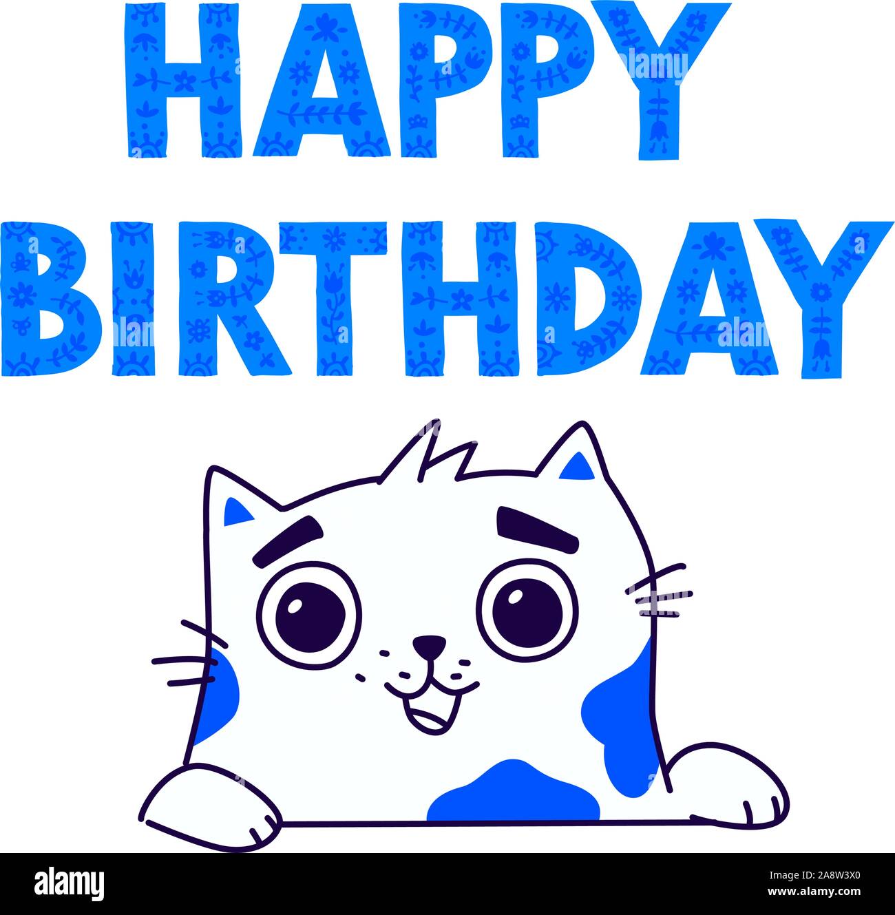 Abbildung: Cute Kitty. Vektor. Kontur süße Katze wünscht alles Gute zum Geburtstag. Flache kawaii Stil. Held für den Comic. Maskottchen für das Unternehmen, Zeichnen Stock Vektor