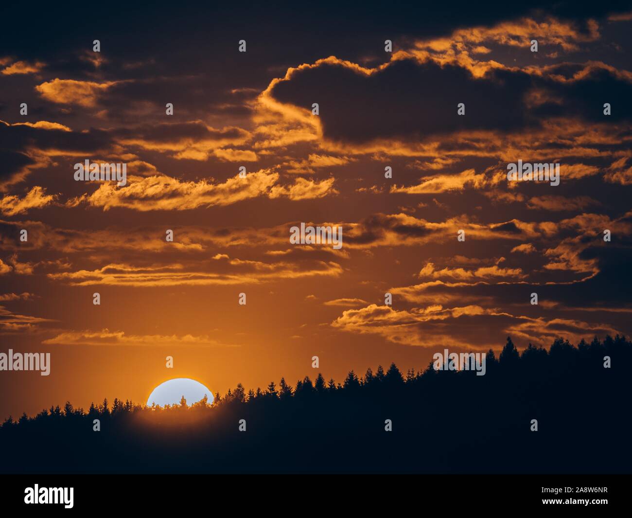 Teil der Scheibe der untergehenden Sonne heraus über die Wipfel der Bäume. Dunkle Wolken mit glänzenden Kanten. (CTK Photo/Roman Krompolc) Stockfoto