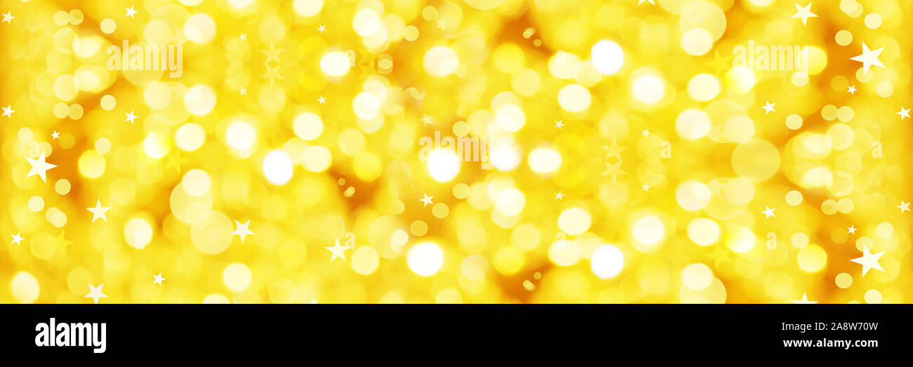 Glänzend Weihnachten Panoramablick Hintergrund von golden Holiday Lights mit Bokeh und Sterne Stockfoto