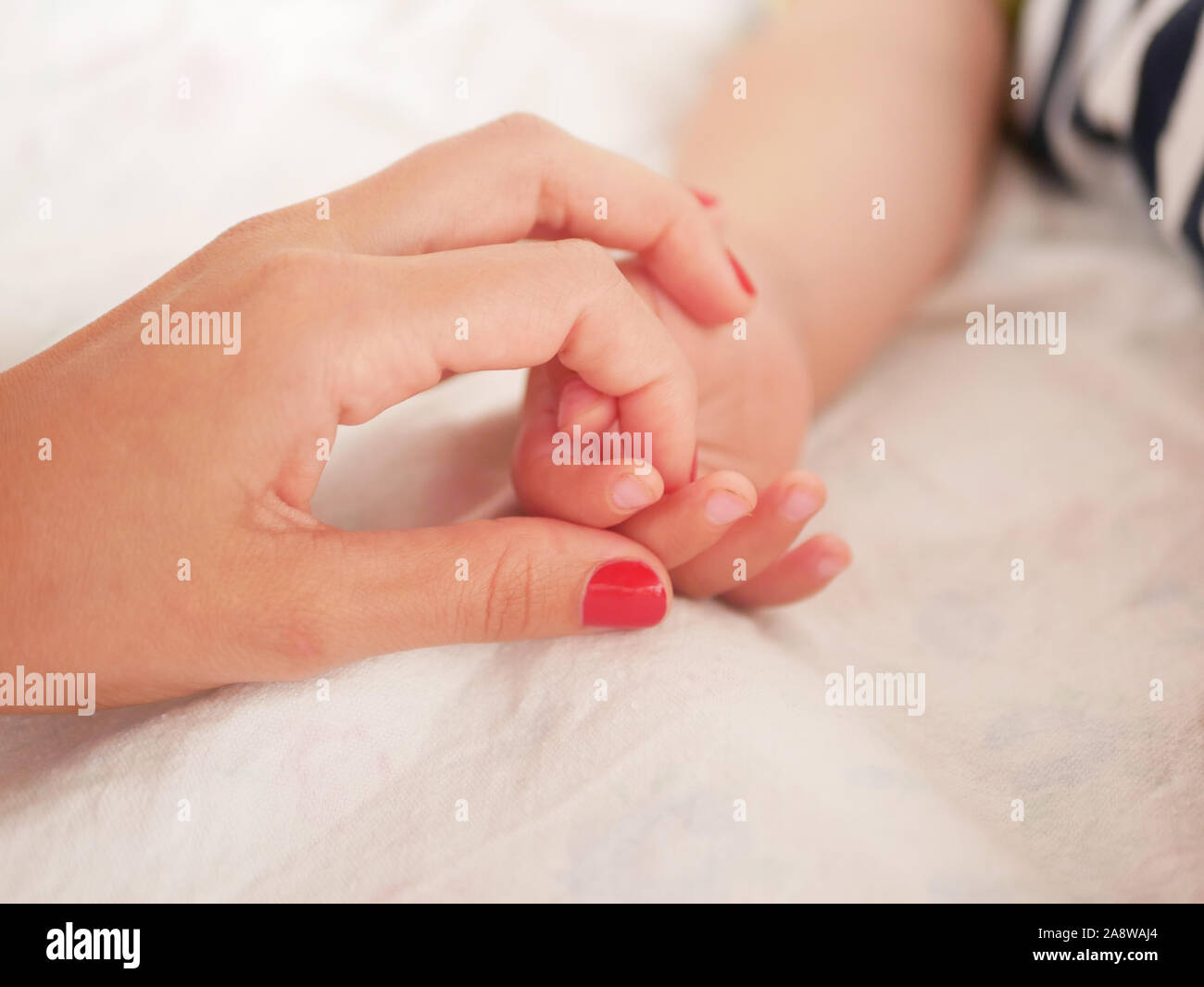 Mama hält die Hand eines neugeborenen Babys. Close-up. Ein Platz zum Schreiben. Einfügen von Text. defokussierung. Baby's Hand, die Finger an Mutter. Stockfoto