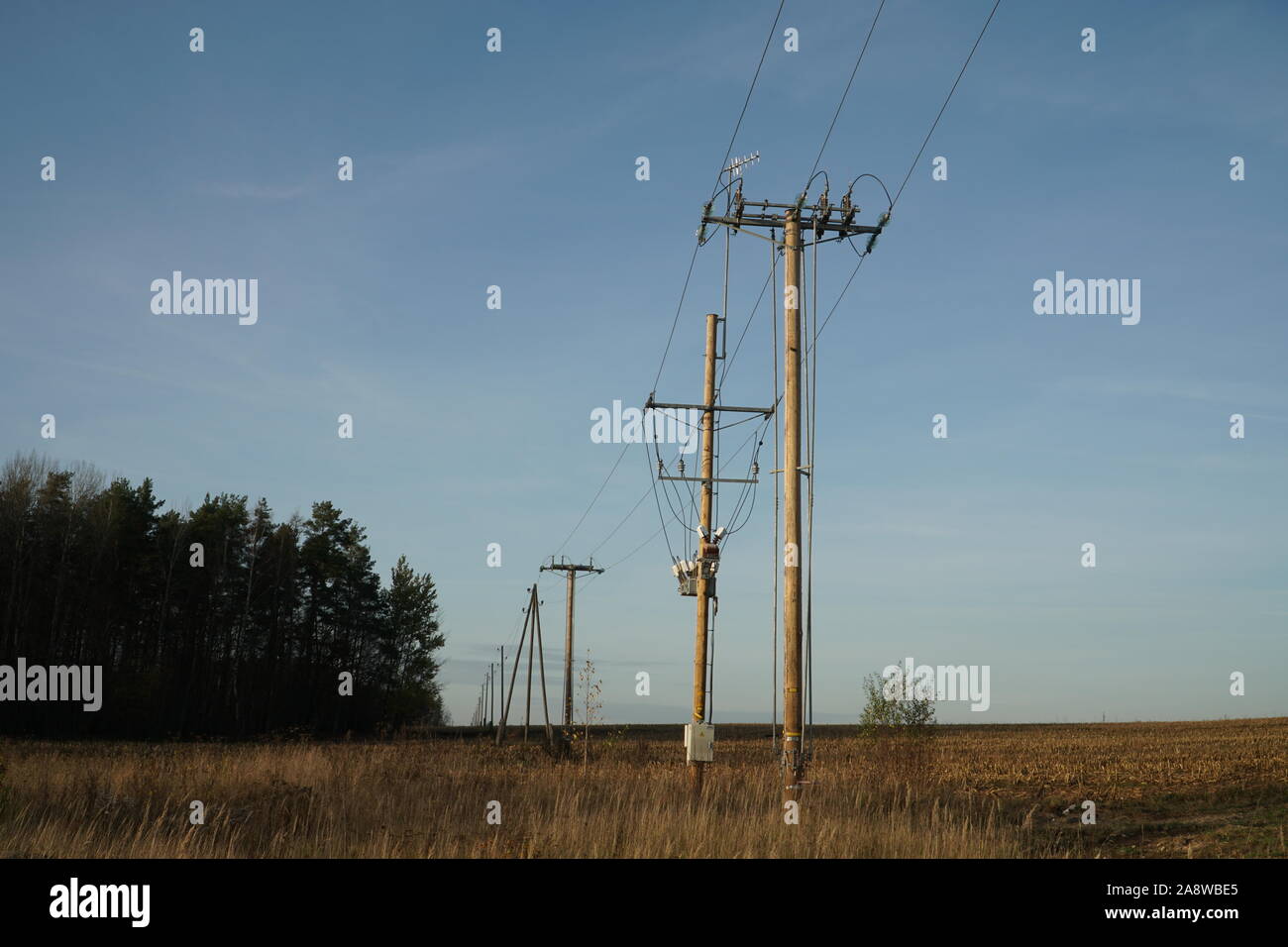 Landschaft mit der Spannung - aktuelle Zeile. Stromversorgung Polen Bau in der Natur. Blick auf die elektrische Verteilung Linie in einer ländlichen Umgebung. Stockfoto