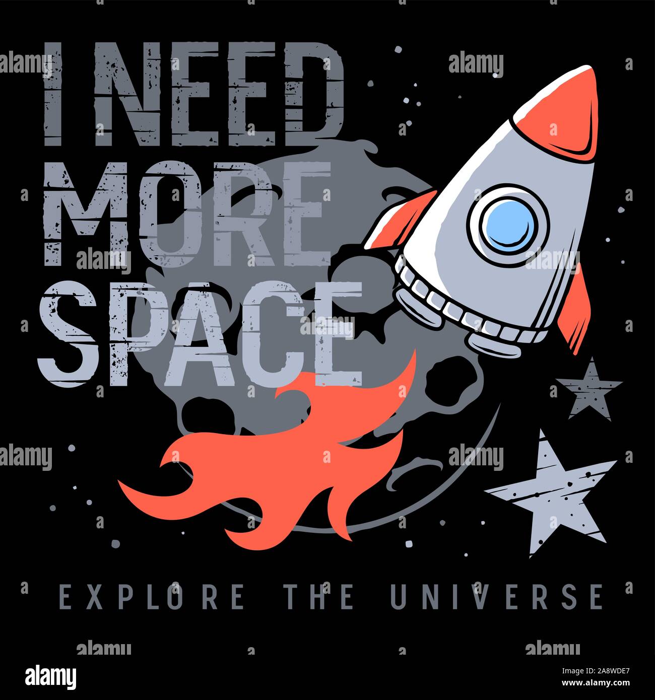Mehr Speicherplatz benötigen Slogan mit dem Raumschiff, Mond und Sterne. Platz Illustration für Kids t-shirt Design Stock Vektor