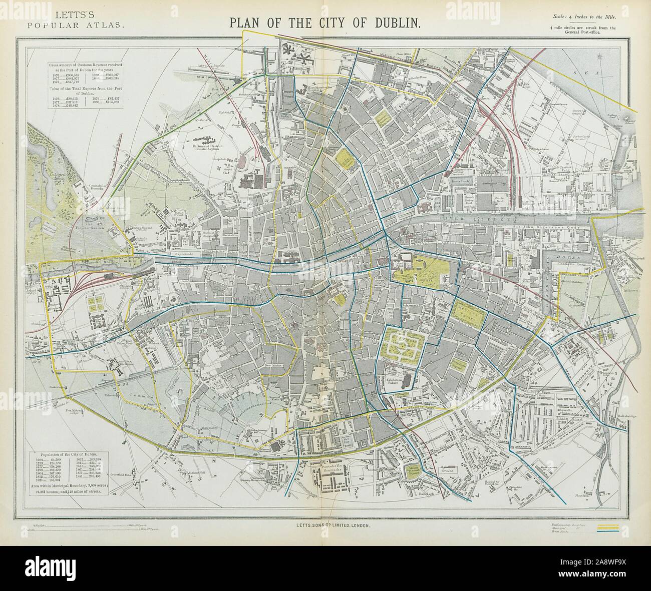 Antike Stadt Dublin Stadtplan Plan. Eisenbahn Straßenbahnlinien Stationen. LETTS 1883 Stockfoto