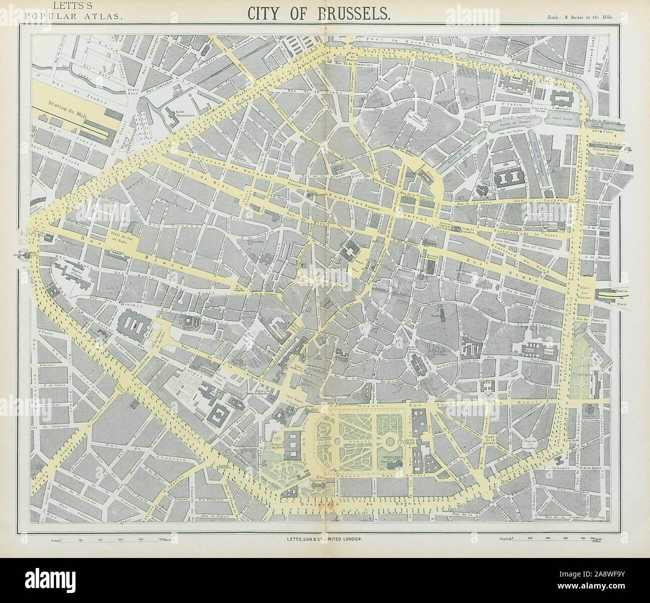 Brüssel BRUXELLES BRUSSEL antike Stadt Stadtplan Plan. LETTS 1883 alte Stockfoto