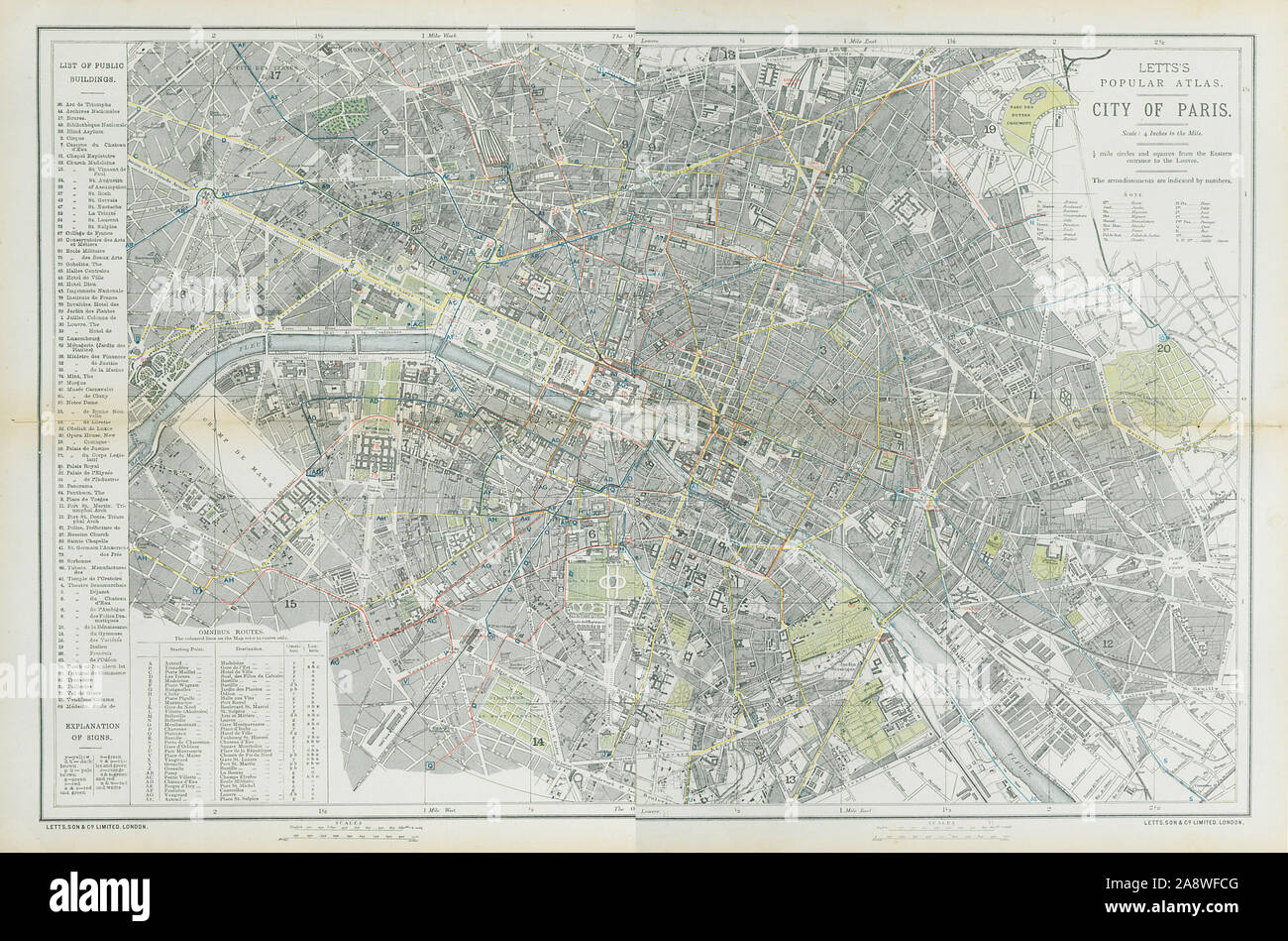 PARIS antike Stadt Stadtplan Plan. Omnibus routen. Groß. LETTS 1883 alte Stockfoto