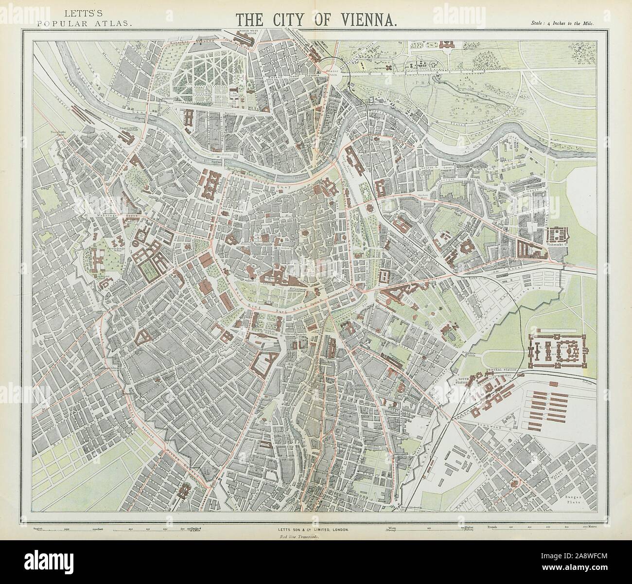 Wien Wien antike Stadt Stadtplan Plan. Straßenbahnen in Rot. LETTS 1883 alte Stockfoto