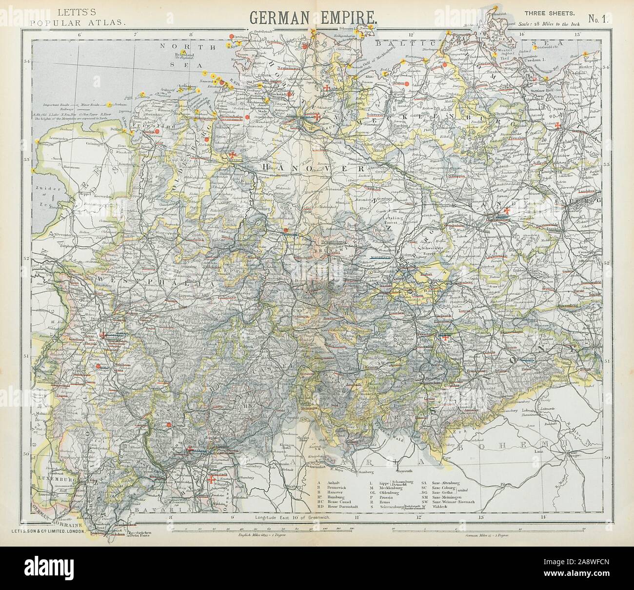 Deutschen Reiches. Preußischen Provinzen. Leuchttürme. Britische konsuln. LETTS 1883 Karte Stockfoto