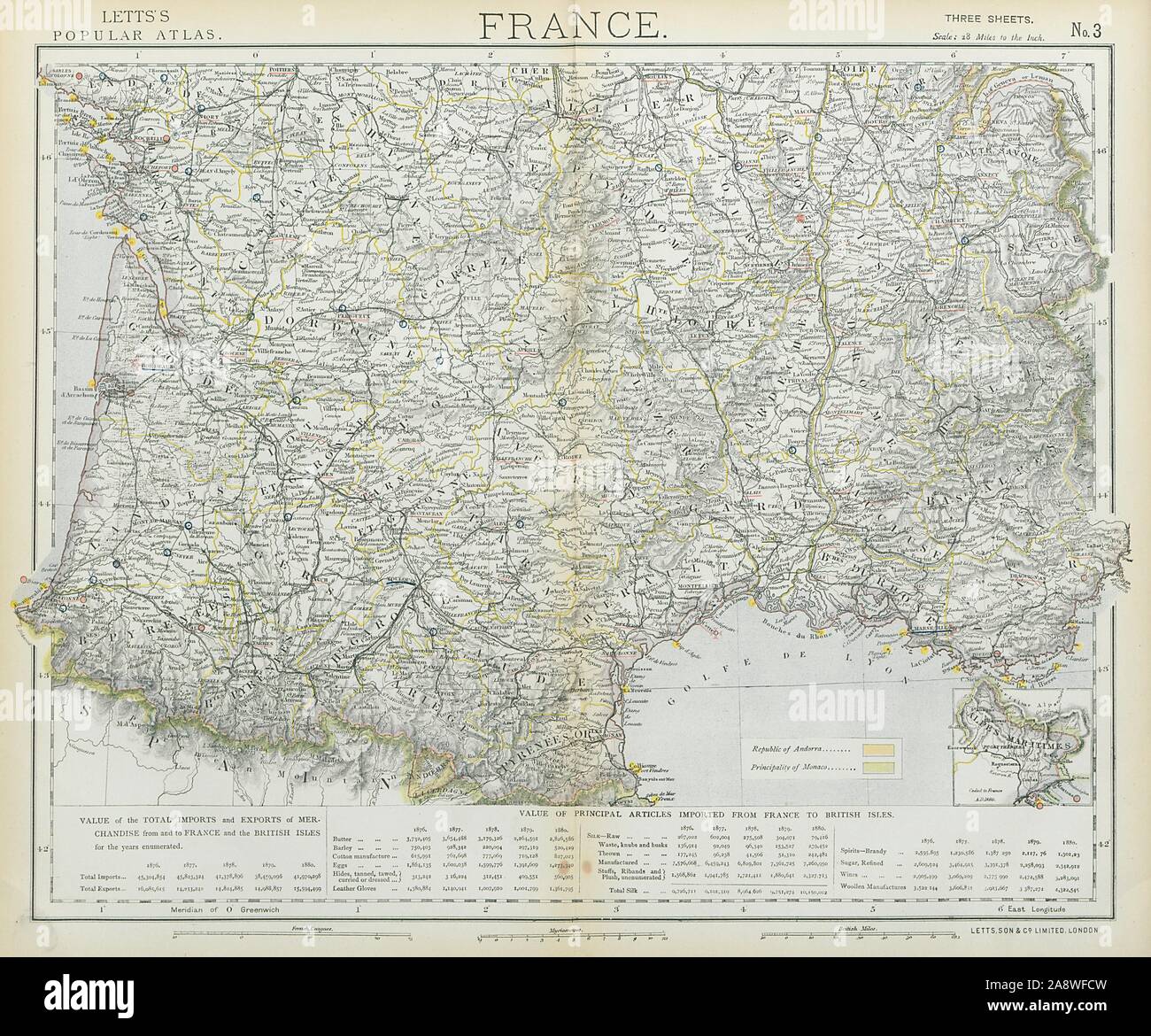Frankreich Süd. Leuchttürme. UK-französischen Handel 1876-1880. LETTS 1883 alte Karte Stockfoto