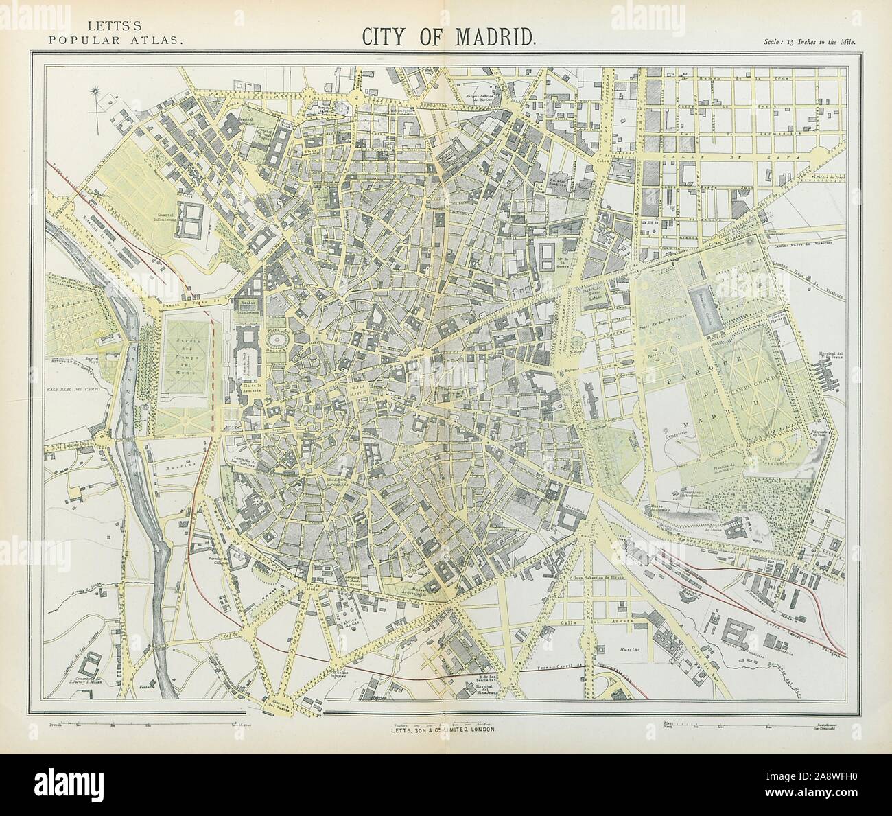 MADRID antike Stadt Stadtplan Plan. Eisenbahn. LETTS 1883 alten Karte Stockfoto