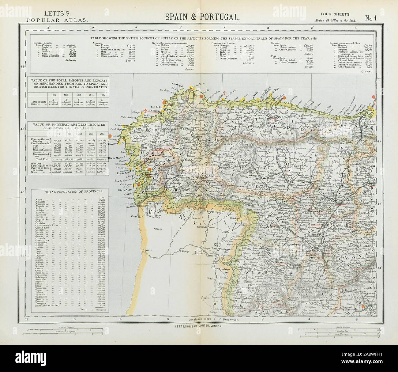 Nordwesten SPANIEN Bahn & Leuchttürme. Galicien Leon Asturias. LETTS 1883 Karte Stockfoto