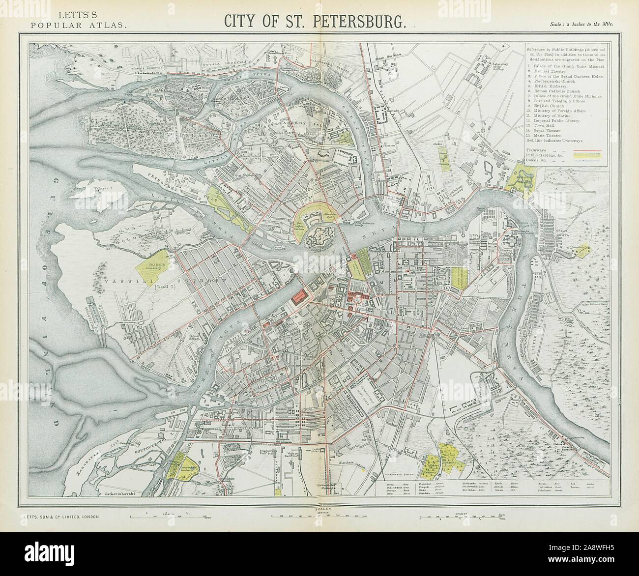Sankt Petersburg antike Stadt Stadtplan Plan. Straßenbahnen. LETTS 1883 alte Stockfoto