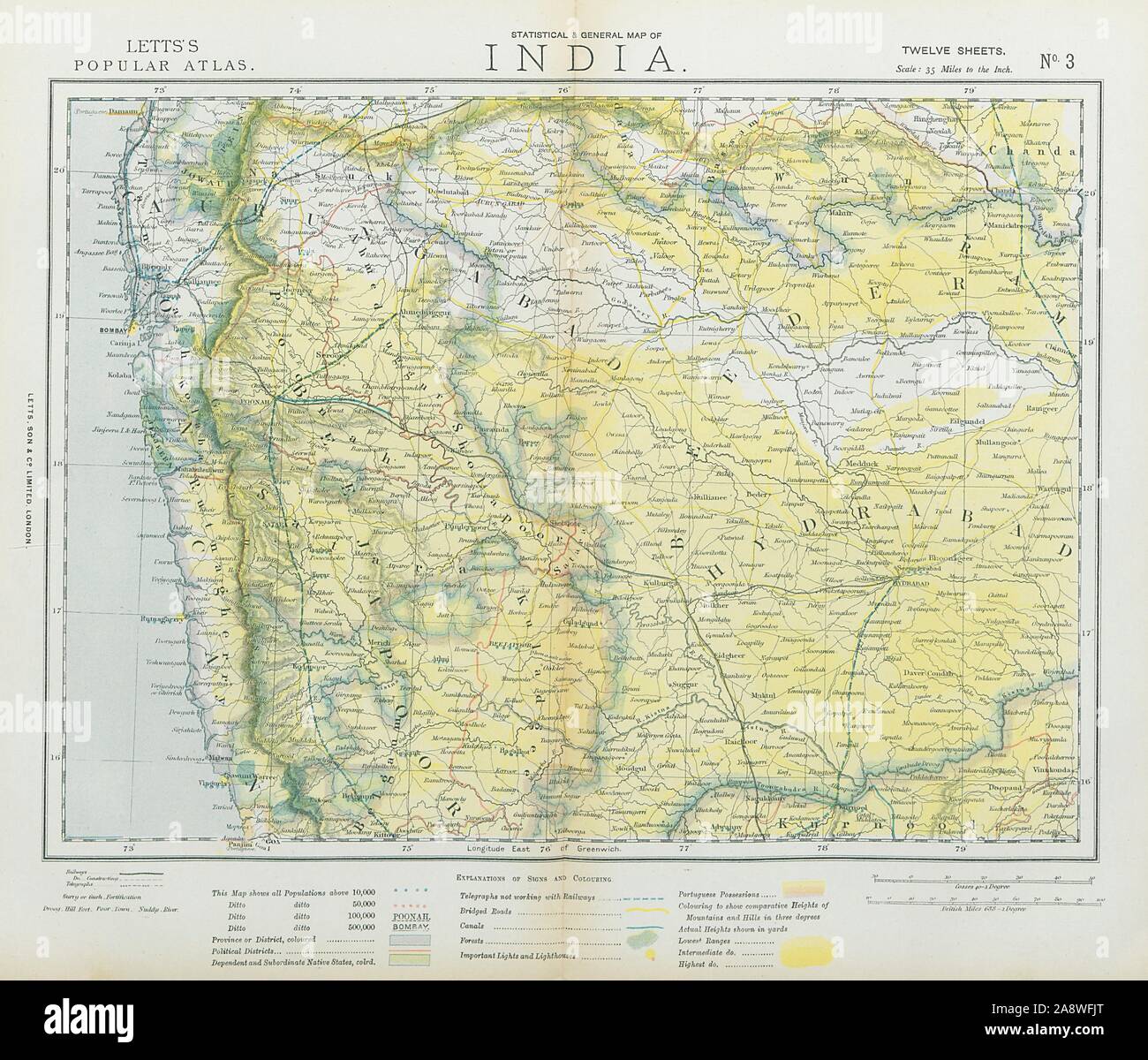 WESTERN britischen Indien Maharashtra Bombay Mumbai Pune Goa Eisenbahnen LETTS 1883 Karte Stockfoto