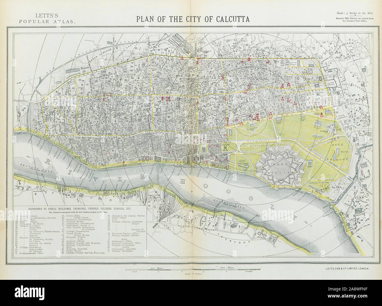 Kalkutta Kalkutta antike Stadt Stadtplan Plan. Öffentliche Gebäude. LETTS 1883 Stockfoto