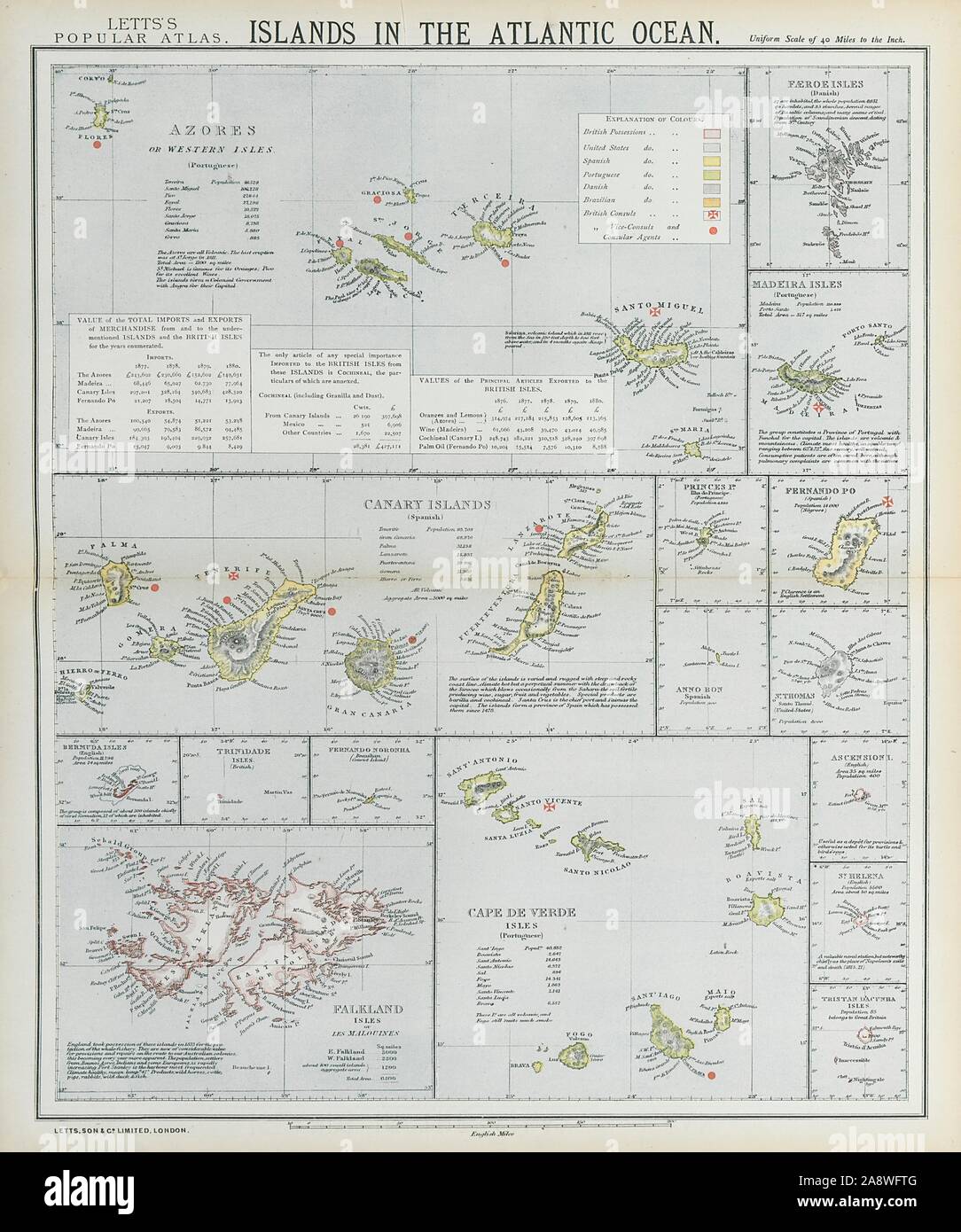 Atlantischen Inseln. Azoren Madeira Kanarische Inseln Kap Verde Falkland Inseln. LETTS 1883 Karte Stockfoto