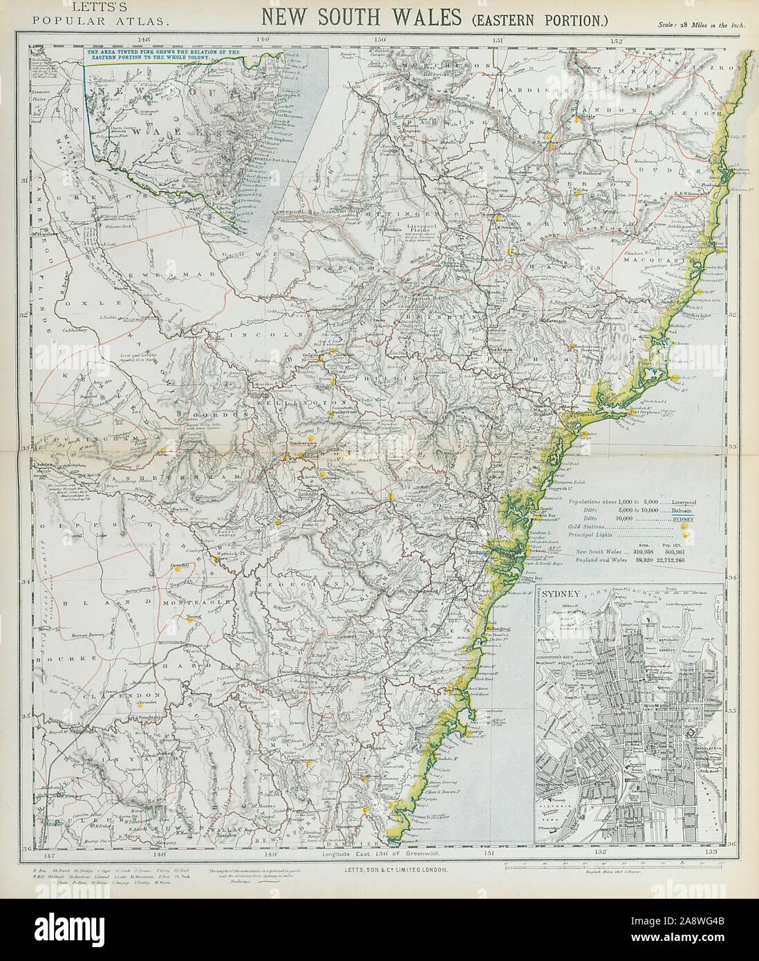 NEW SOUTH WALES übersicht Gold mining Stationen. Sydney City planen. LETTS 1883 Karte Stockfoto