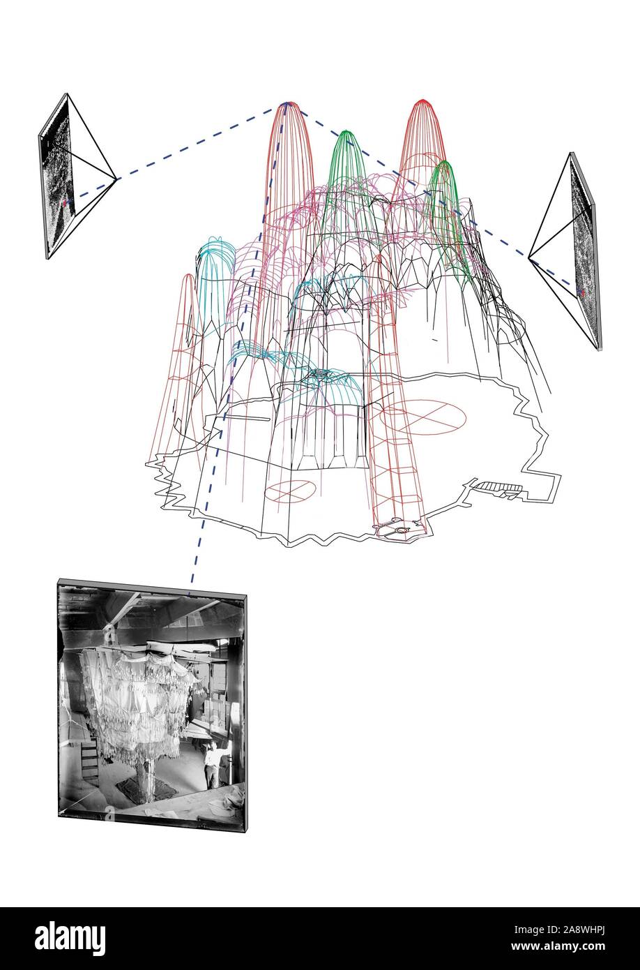 Photogrammetrische Analyse von hängenden Modell Gaudís, 2007-2008. Autor: UNIVERSITÄT INNSBRUCK. Stockfoto Photogrammetrische Analyse von hängenden Modell Gaudís, 2007-2008. Autor: UNIVERSITÄT INNSBRUCK. Stockfoto