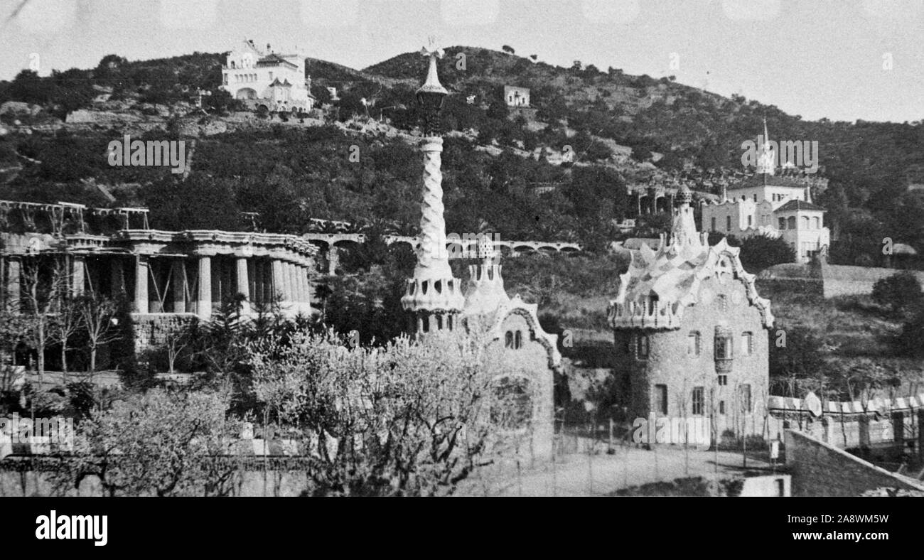 Park Güell von Gaudí, Barcelona, ca. 1905. Stockfoto