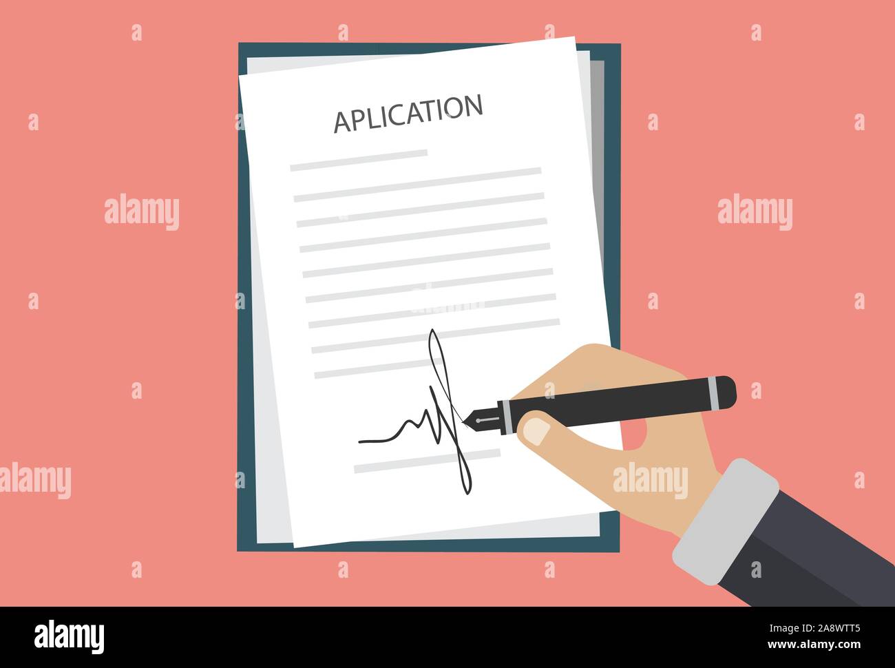 Farbige Cartooned Hand unterzeichnen Vertrag. Grafik Design auf weißem Hintergrund Stock Vektor