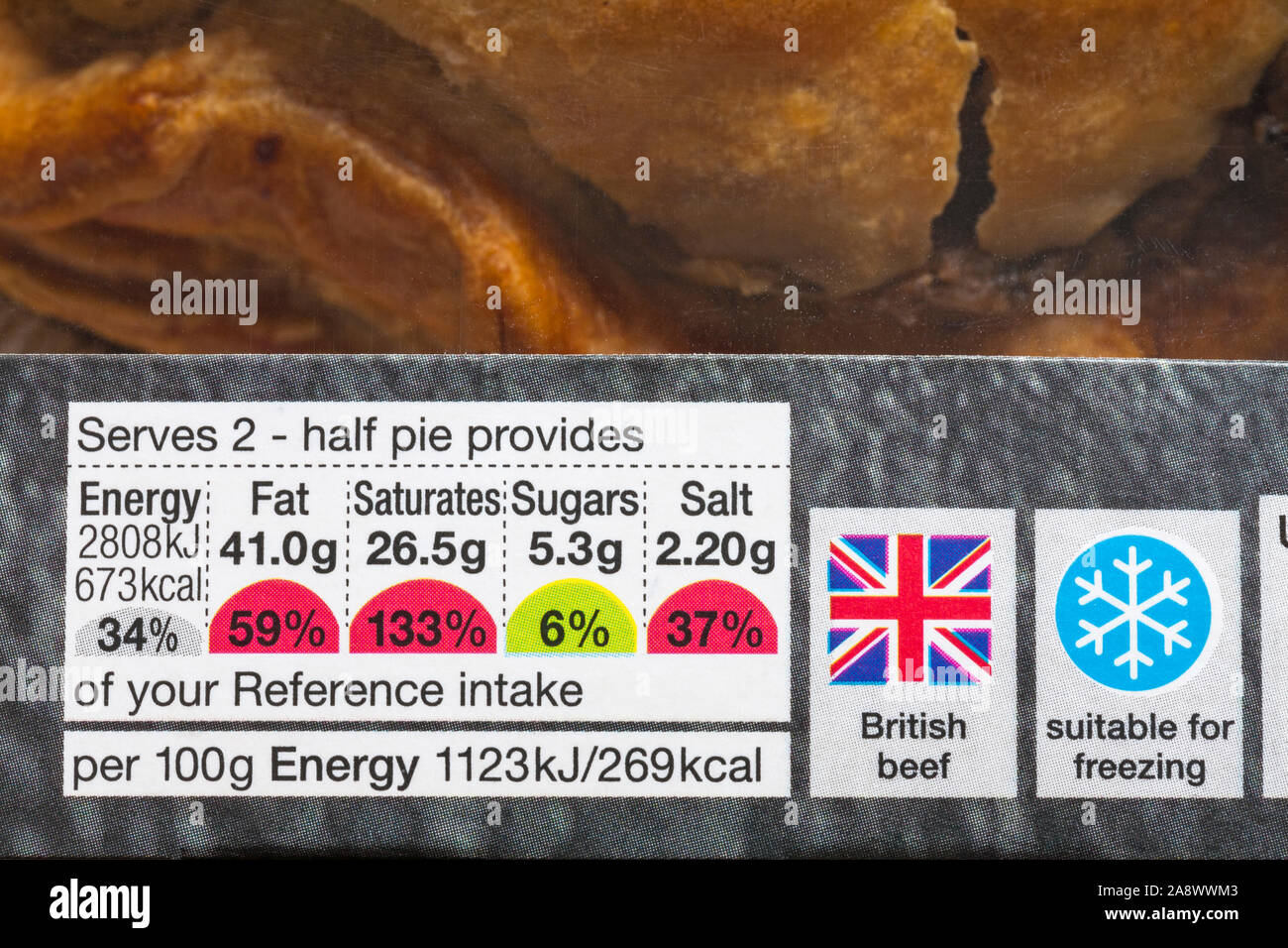 Referenz- RI, Ernährung Ernährung Informationen mit Ampel farbcodierte System auf Box von Steak pie Stockfoto