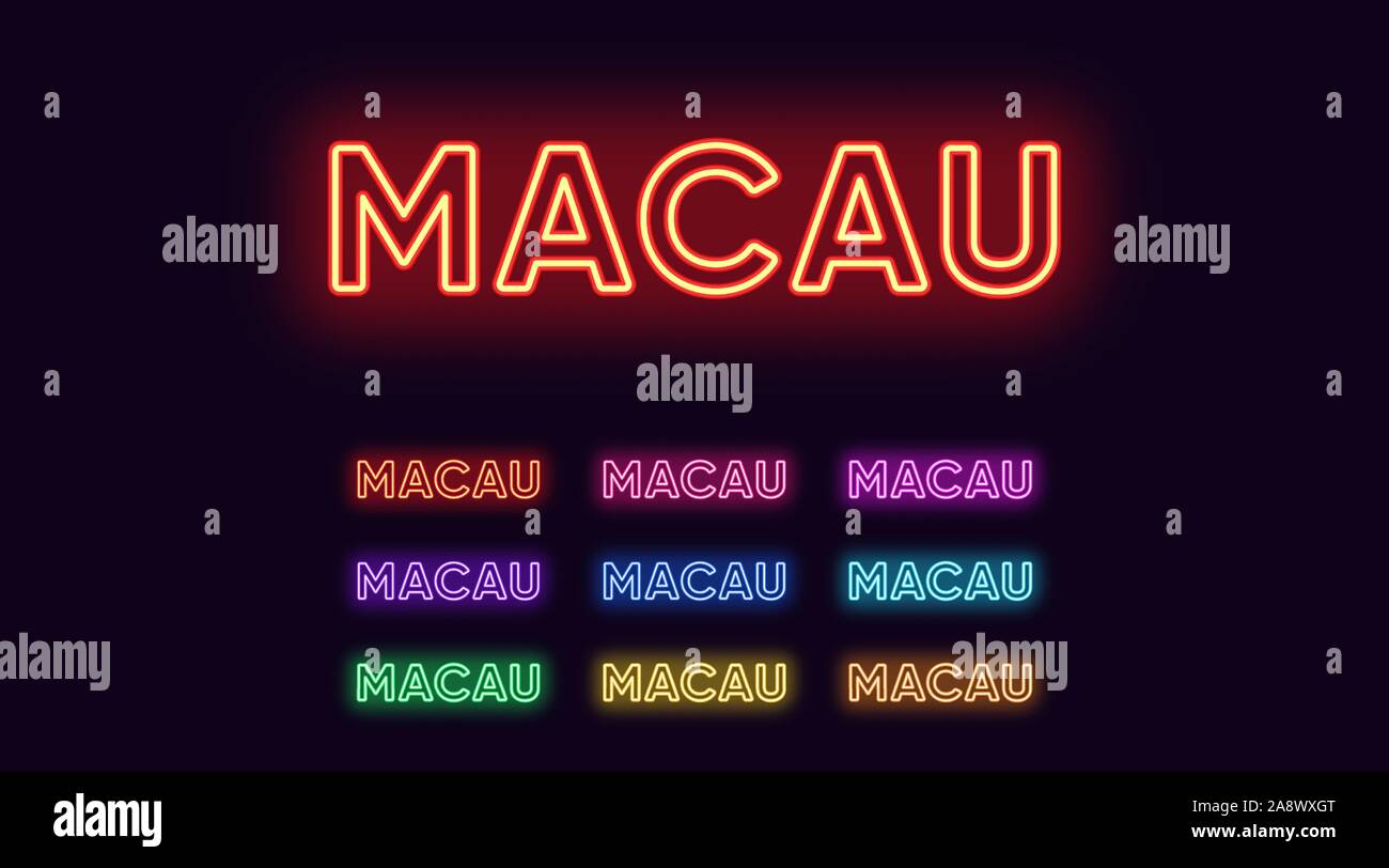 Neon Macau Name, Stadt in China. Neon Text von Macau City. Vektor einrichten von glühenden Schlagzeilen mit transparenten Hintergrundbeleuchtung. Rot Rosa lila, violett blau Azur Stock Vektor