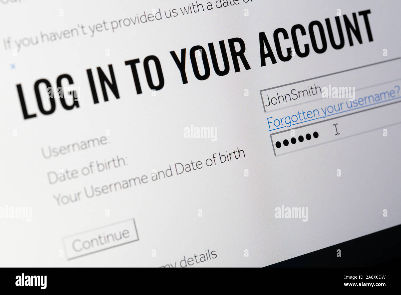 "In ihr Konto anmelden" mit einem Benutzernamen, Geburtsdatum und Passwort Feld, Großbritannien Stockfoto