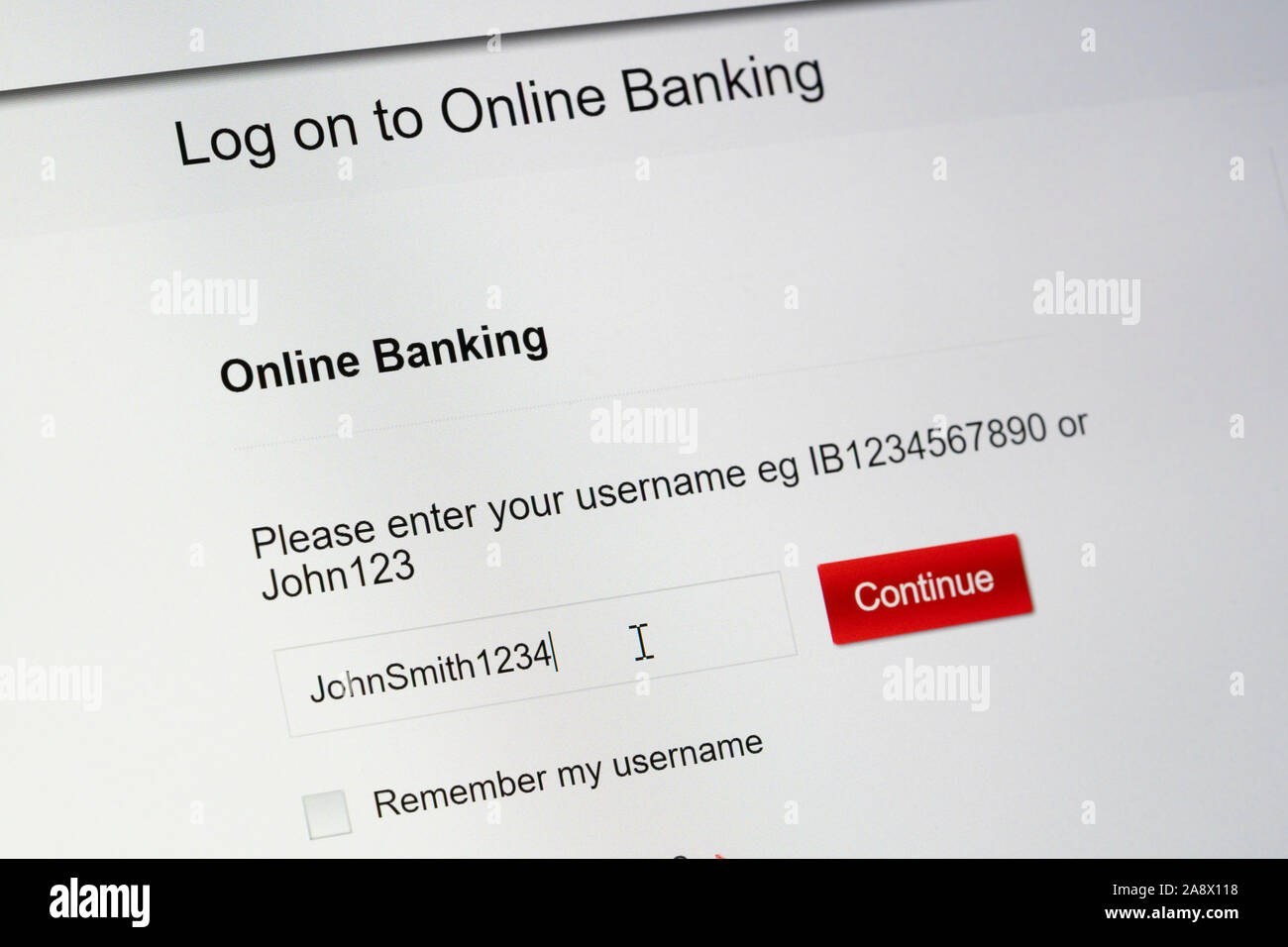 Eine auf Online-banking-Webseite auf einem Computer Bildschirm Log, Großbritannien Stockfoto