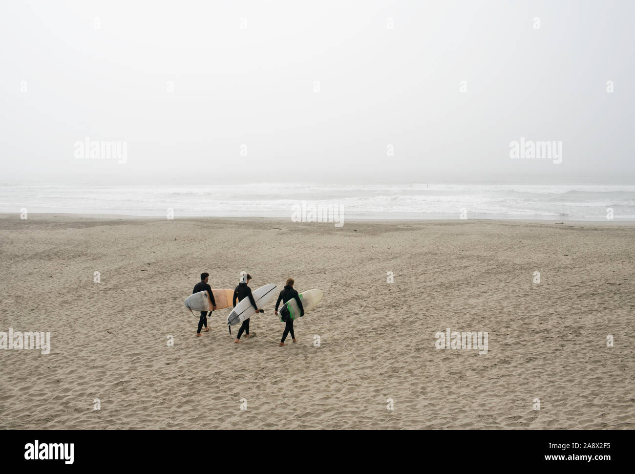 Männliche Surfer aus hinter gehen mit Surfboards in Richtung Ozean. Strand in der Nähe von Taraval Street, San Francisco, Kalifornien, USA. Sep 2019 Stockfoto