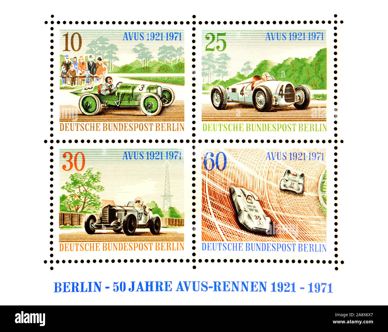 Deutsch (Berlin) Briefmarke minisheet (1971): 50 Jahre Avus Rennwagen Stockfoto